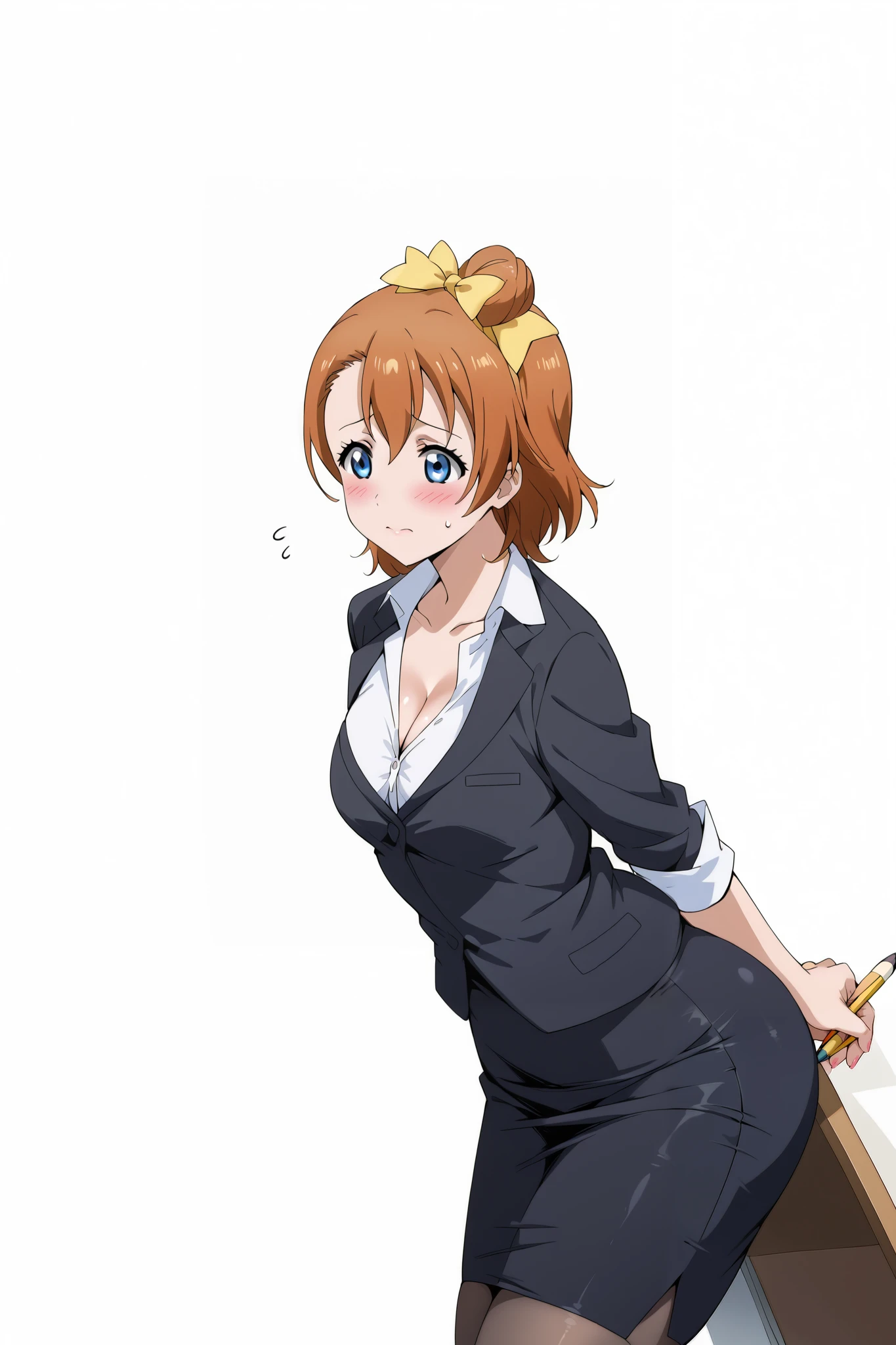 score_9, score_8_up, score_7_up, source_anime, 4K,perfect fingers,(perfect hands, perfect anatomy),prefect lighting, very aesthetic, intricate details,highly detailed background, masterpiece, high quality, best quality,
1 girl,solo,honoka kousaka, blue eyes, brown hair, hair bow, orange hair, one side up, short hair, yellow bow, mature female,large breast,,
wearing (office lady,black suit jacket, white t-shirt ,black pencil Skirt,thighhighs,cleavage, ),
standing, looking, embarrassed,wide hips, evil cute nervous, dynamic angle, blushing,sexy,harassment,perverted,bend over, ass up, ((hands on pencil Skirt:2.0)),