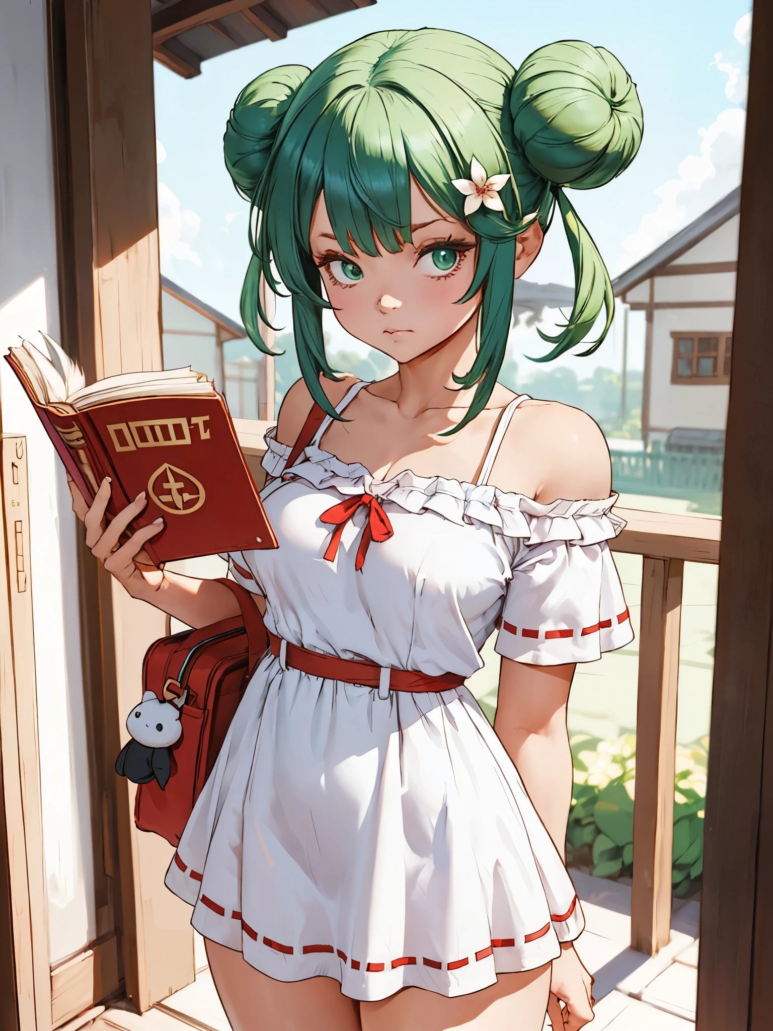 girl, li, holding an open book, white shortdress, frill-trim, off a shoulder, short sleeve, (large breasts:1.4), red school bag, twin bun, green hair, bangs, flower hairpin, shy expressions, blushing, house patio, 
