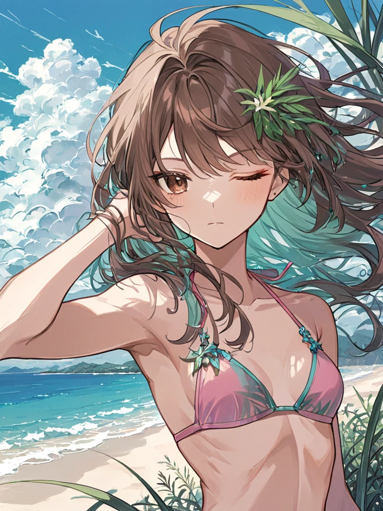 minami yume ,sss Dynazenon ,Long Hair, Brown Hair, (Green Eyes:1.5) ,smile,Open your mouth,Medium Breast,Flower Hair Ornaments,Black bikini string swimsuit,A thin long skirt is wrapped around her waist,barefoot,Daytime,Clear skies,Sandy Beachを散歩している,
break looking at viewer, whole body,(Cowboy Shot:1. 5),
break outdoors, Beach,Sandy Beach,
break (masterpiece:1.2), Highest quality, High resolution, unity 8k wallpaper, (shape:0.8), (Beautiful and beautiful eyes:1.6), Highly detailed face, Perfect lighting, Extremely detailed CG, (Perfect hands, Perfect Anatomy),