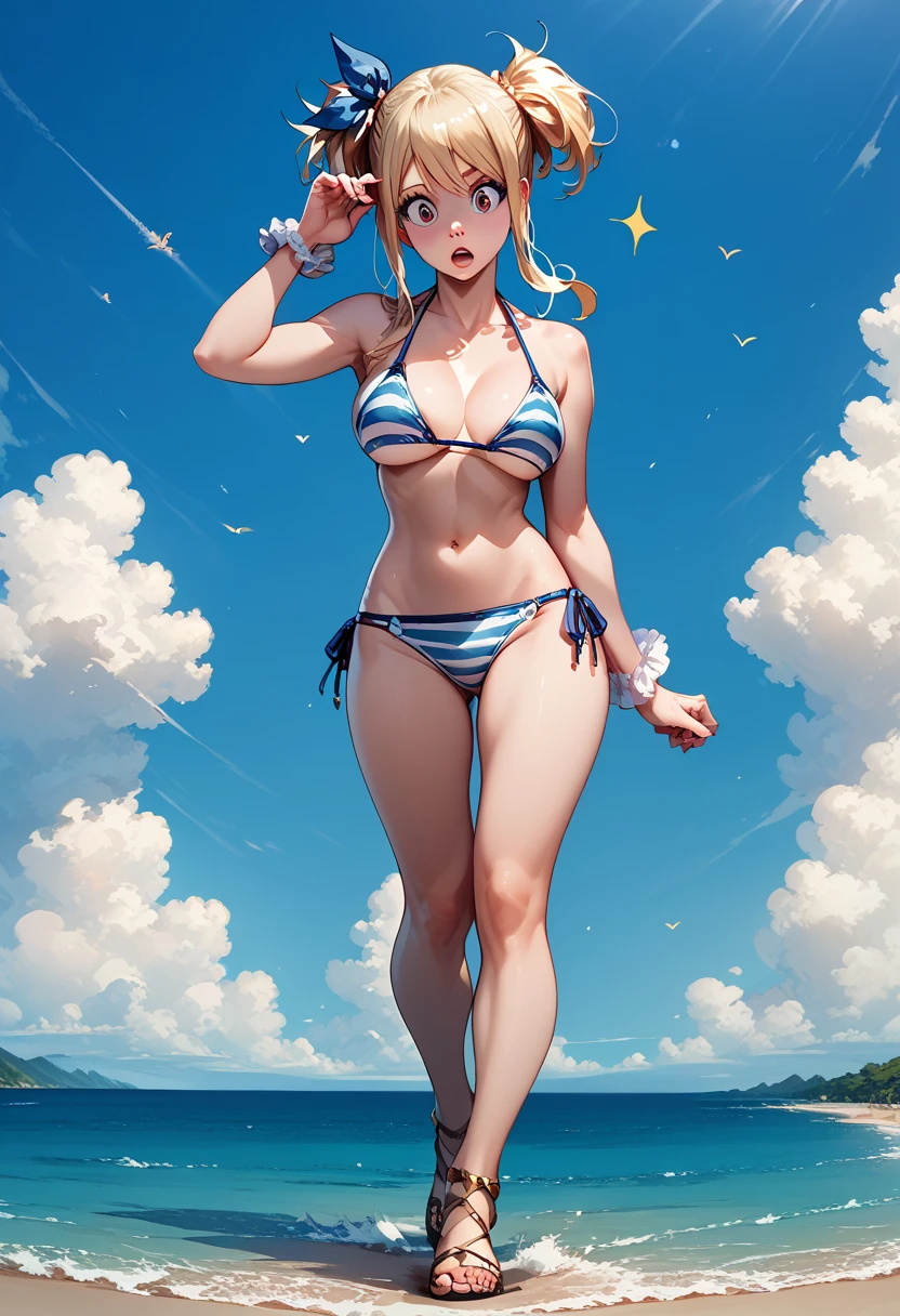 (masterpiece, highest quality, ultra high res, ultra detailed:1.3), 1 cute girl, ideal ratio body proportions, blonde short hair, stars and stripes pattern bikini, bra covered nipples, cameltoe, armpit, dynamic pose, 