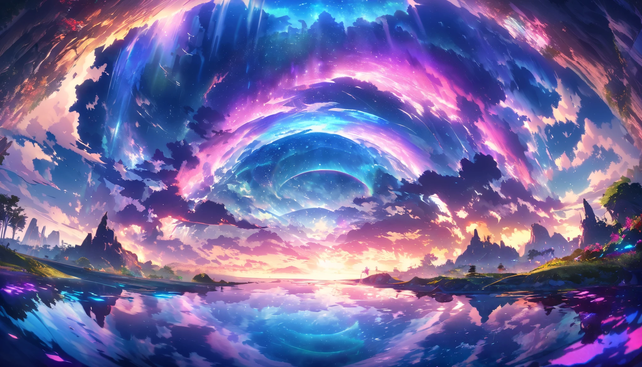 paradise, colorful,A dreamy fantasy landscape,Extremely Coloured Scenery, cloud, light piercing through the cloud,Spectacular and majestic views, shot with a fisheye lens , Can you see large planets in the sky,Multiple beautiful waterfalls,Water surface reflection, Serene waterfall,flower々, quiet atmosphere, Richness in details,  Surreal Beauty ,  magical aura,  Fantasy Scenery ,  high quality digital art ,  vibrant colors,  amazing lighting , A fascinating scene , Artistic Expression, A sense of another world, Beautiful brushwork, Spectacular views, Peaceful serenity , x} Immersive Experience  ,  Breathtaking Scenery  ,  Picturesque Scenery , Mysterious charm,  Mysterious Atmosphere , Nuance, Magical Dreams.No people appear,
