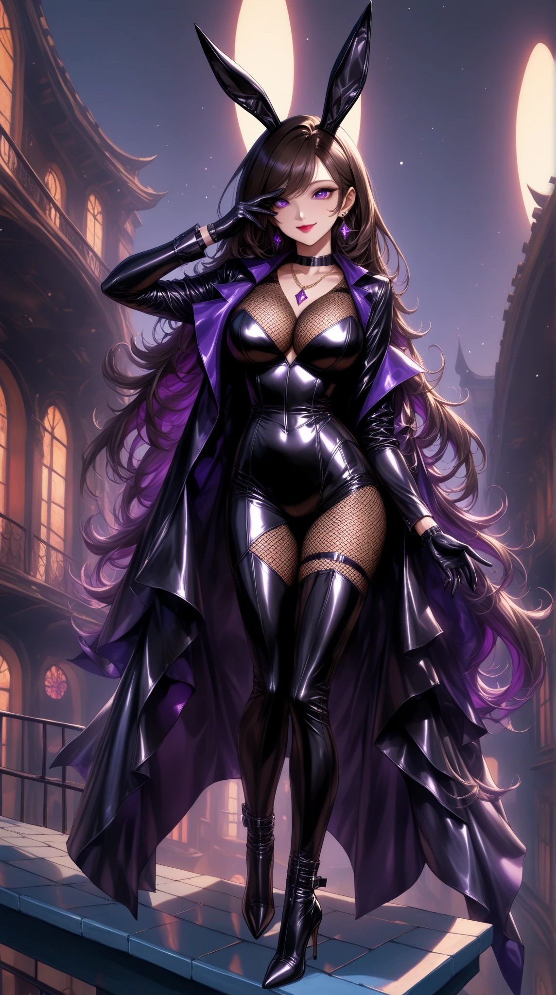 model, balanced body shape, Young and beautiful woman,(Highest quality,Extremely detailed depiction,Incredible high resolution,Anatomically accurate depiction,Two beautiful hands, Five perfect fingers,Curvy Legs),(Glowing Skin,Glowing Skin,Oilskin),(((Female leader of an evil organization))),(Latex Military Costume,An exquisitely crafted shiny purple bondage dress,military hat,military cloak,Villain mask covering the eyes,Thigh-high boots,Long gloves,Leather Choker,pantyhose),eyelash,eye shadow,(Glowing pink eyes,There is cleavage in the chest,Captivating smile,Glossy Lips,Shadowed face,look back,Equipped with a whip),Sweat,whole body,blush,background:Secret base of the future,Pink light,(Poses that accentuate the buttocks:1.1)