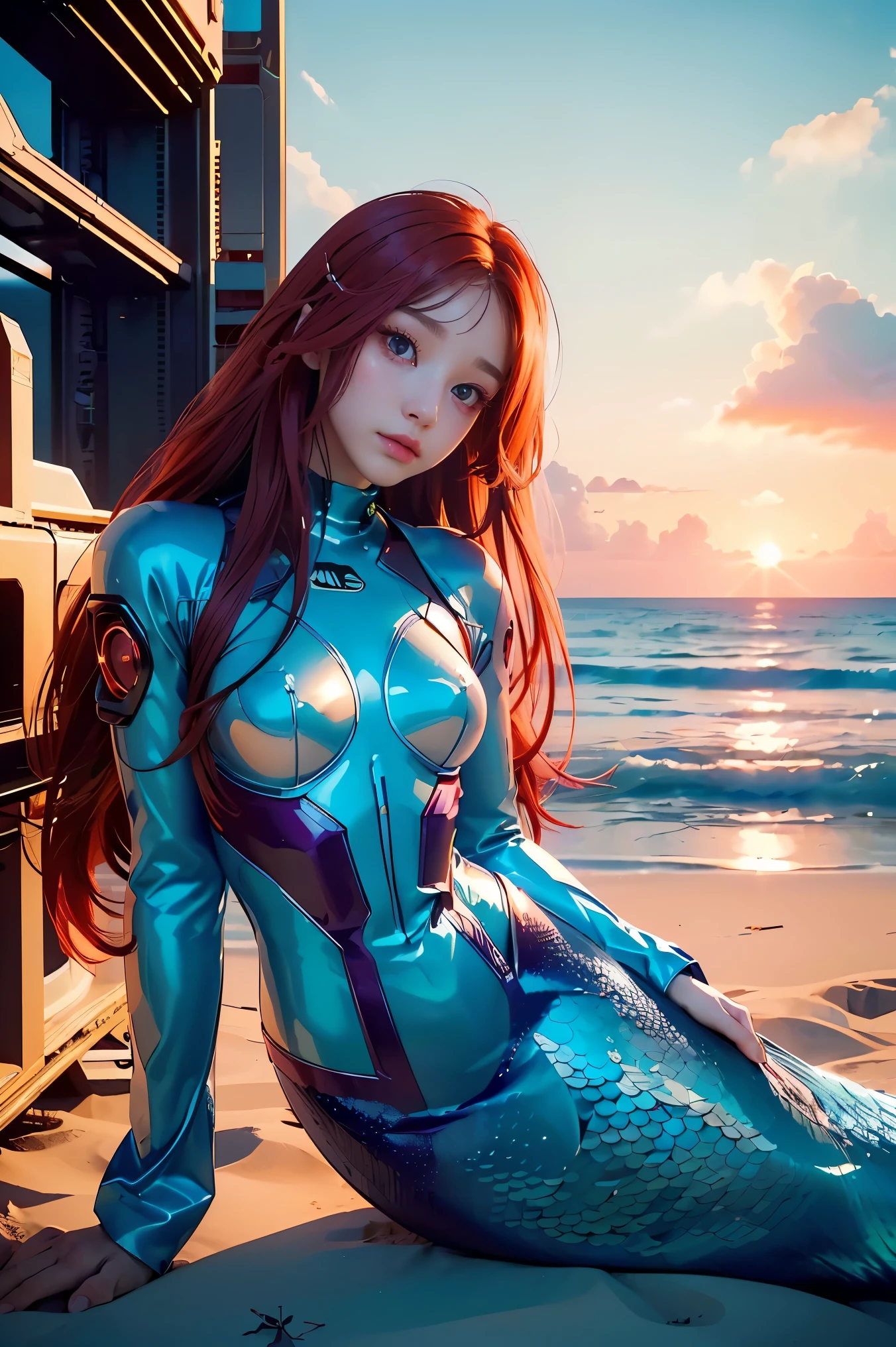 👙,((smile)),((Highest quality)), ((masterpiece)), (detailed), (Full body shot ),Soft look,One Girl, Orange Hair、whole body、Separate bikini,(Plugsuit Bikini),((Robot Girl、Mecha))、Broken Armor、Halo of the machine、Ceramic body、We, Popular anime characters "one piece". Realistic anime style portrait of a beautiful girl with long orange hair Wearing a bikini. Windmill and tangerine tattoo on right shoulder、Dreamy and playful expression, Calm brown eyes, New ripple effects, bright red, Orange and yellow, Dramatic lighting, Highly detailed digital art