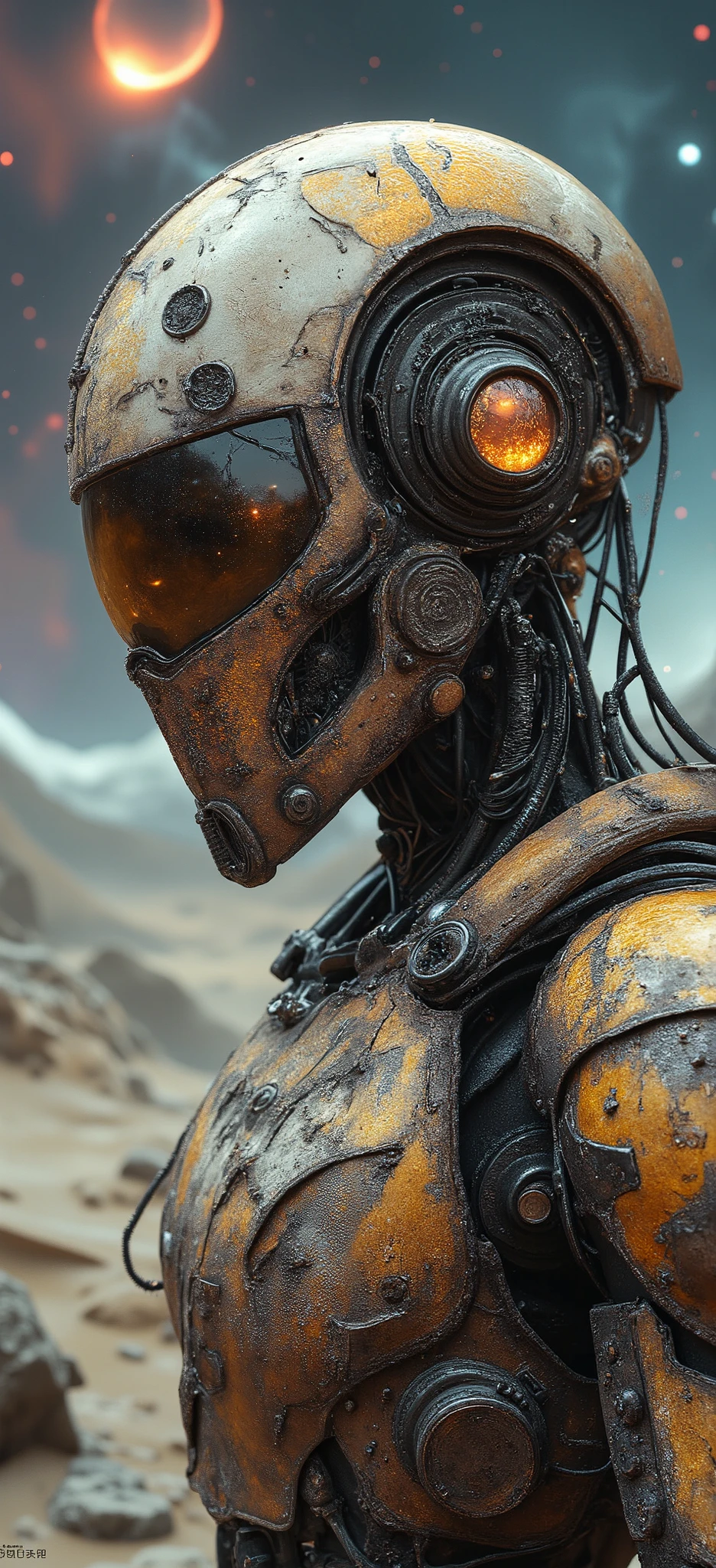 A cyberpunk digital painting depicting an old rusty robot that sadly wanders through an alien landscape.Its design resembles a medieval knight in armor. The parts and assemblies are made of weathered, rusty metal with complex mechanical components, grooves, screws and wire, exposed wire and cable fragments in different styles because it has been repaired many times.Old diodes are dim, cracked, and dimly illuminated. The headdress is also old, scratched and rusty. The protective visor is cracked, scratched, cloudy, with traces of soldering. Bare wires extend from the headdress, connecting to the neck and torso of the character. The background is a fantastic landscape. The landscape is similar to the moon. Craters and rocks covered with dust.An incredibly beautiful sky of cosmic colors, planets, stars. The soft and uniform lighting highlights the details of the cybernetic nodes while maintaining a neutral mood. The color palette highlights the contrast between the old half-dried mechanism and the incredibly beautiful starscape. High contrast and saturation. The overall composition highlights a futuristic cybernetic aesthetic thanks to balanced and neutral white lighting.