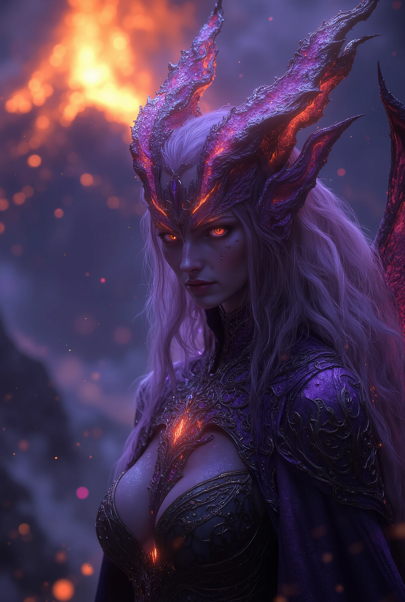 1 Beautiful lady demon is watching volcano eruption, She has stunning pale skin, beautiful glowing iridescent eyes, wearing purple and black clothes, having a intricated designed wonderful magic wand