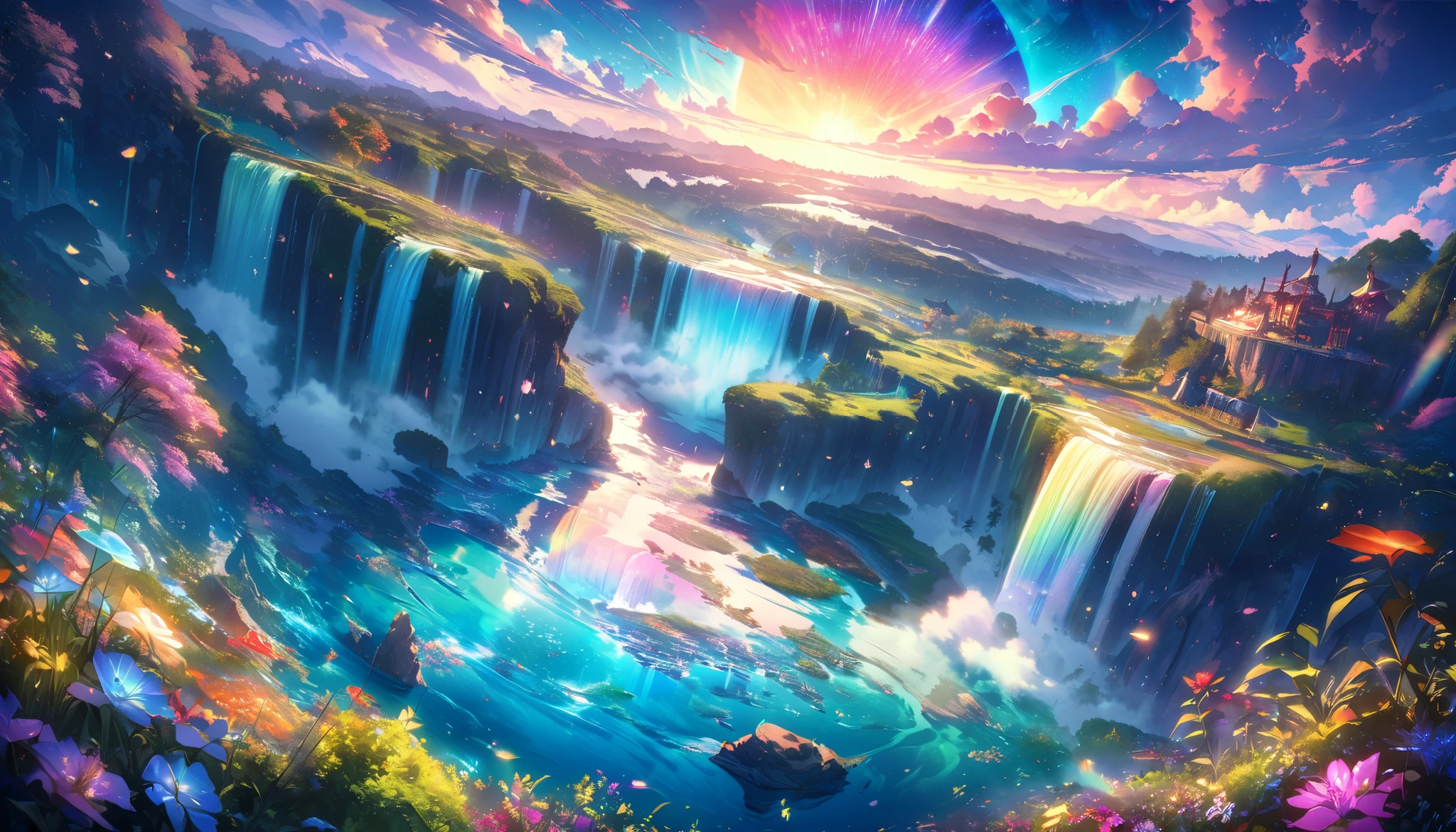 paradise, colorful,A dreamy fantasy landscape,Extremely Coloured Scenery, cloud, light piercing through the cloud,Spectacular and majestic views, shot with a fisheye lens , Can you see large planets in the sky,Multiple beautiful waterfalls,Water surface reflection, Serene waterfall,flower々, quiet atmosphere, Richness in details, Surreal Beauty , magical aura, Fantasy Scenery , high quality digital art , vibrant colors, amazing lighting , A fascinating scene , Artistic Expression, A sense of another world, Beautiful brushwork, Spectacular views, Peaceful serenity , x} Immersive Experience , Breathtaking Scenery , Picturesque Scenery , Mysterious charm, Mysterious Atmosphere , Nuance, Magical Dreams.No people appear,