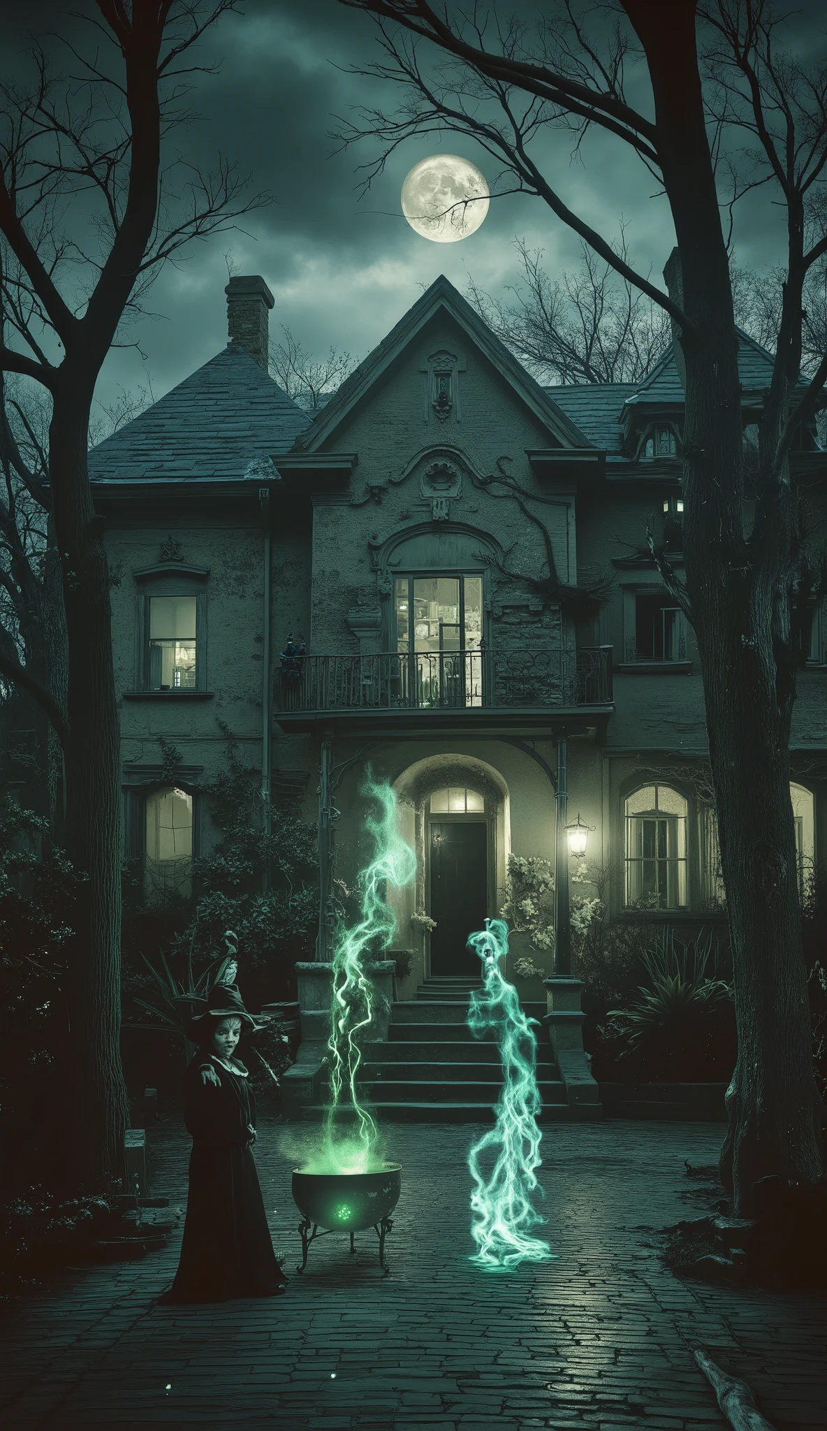 (best quality, 128k,highres,masterpiece:1.2),ultra-detailed,(realistic,photorealistic,photo-realistic:1.37), ((masterpiece)) ((photography)) ((Highest quality)) Eerie, moonlit night with a haunted Victorian mansion as the centerpiece. The mansion is adorned with cracked, peeling paint, crooked chimneys, and broken windows, exuding an atmosphere of decay and dread. A ghostly figure, translucent and pale, glides silently through the cobblestone courtyard, its ethereal form illuminated by the eerie glow of the full moon. In the foreground, a witch with a crooked nose and a pointed hat stands near a bubbling cauldron, her hands stirring a potion that emits swirling green smoke. Her face is wrinkled with age, and her eyes gleam with mischief and malice. Surrounding the mansion, skeletal trees with bare, twisted branches cast long, ominous shadows. The scene is drenched in deep, shadowy blues and greens, with streaks of silver moonlight breaking through the heavy clouds. The air is thick with an unsettling silence, broken only by the distant howl of a wolf. The composition is framed from a low angle, emphasizing the towering, menacing presence of the haunted house. The mood is dark, foreboding, and filled with a sense of supernatural dread, evoking a classic gothic horror style with intricate details in every element.