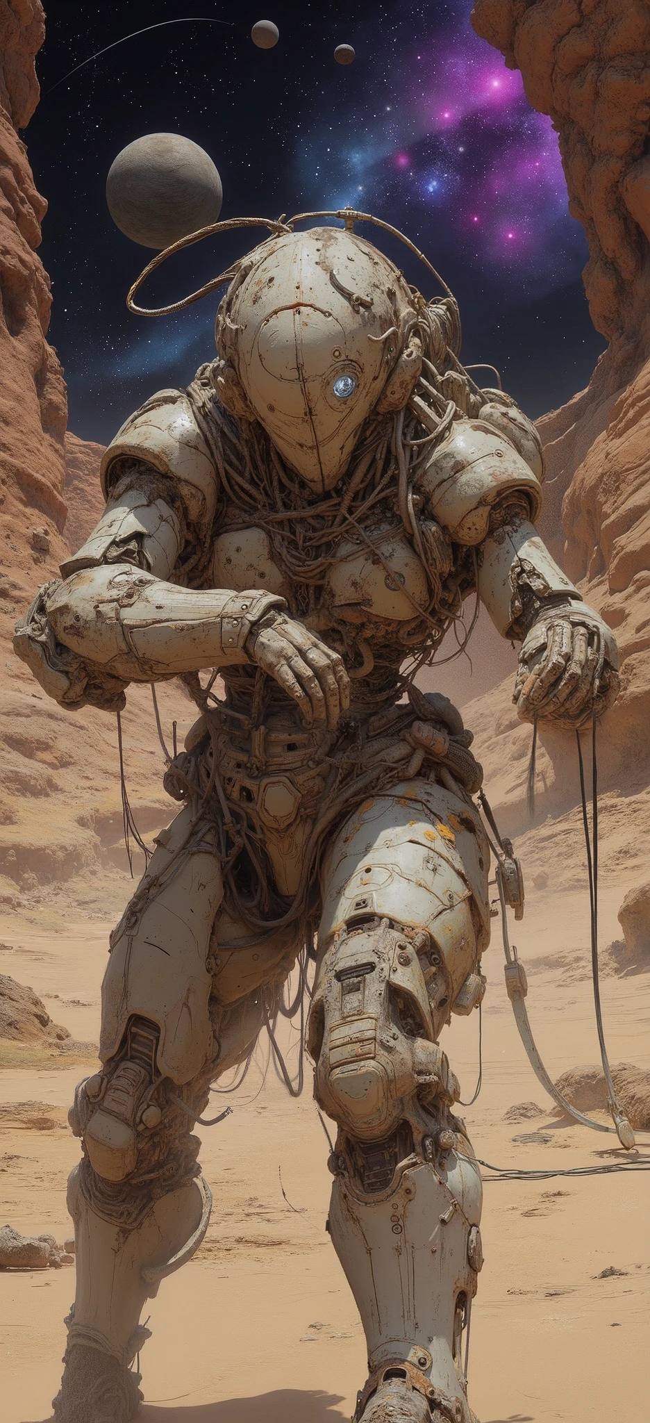 A cyberpunk digital painting depicting an old rusty robot that sadly wanders through an alien landscape.Its design resembles a medieval knight in armor. The parts and assemblies are made of weathered, rusty metal with complex mechanical components, grooves, screws and wire, exposed wire and cable fragments in different styles because it has been repaired many times.Old diodes are dim, cracked, and dimly illuminated. The headdress is also old, scratched and rusty. The protective visor is cracked, scratched, cloudy, with traces of soldering. Bare wires extend from the headdress, connecting to the neck and torso of the character. The background is a fantastic landscape. The landscape is similar to the moon. Craters and rocks covered with dust.An incredibly beautiful sky of cosmic colors, planets, stars. The soft and uniform lighting highlights the details of the cybernetic nodes while maintaining a neutral mood. The color palette highlights the contrast between the old half-dried mechanism and the incredibly beautiful starscape. High contrast and saturation. The overall composition highlights a futuristic cybernetic aesthetic thanks to balanced and neutral white lighting.