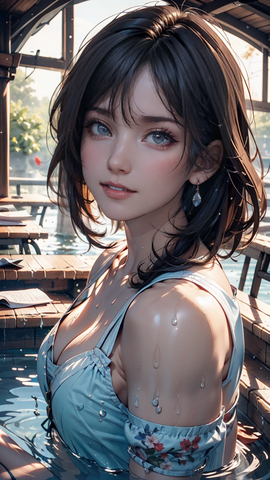 One girl, Mature Woman, masterpiece, spouse, goddess,short hair ,((Purple Hair))、24-year-old woman、Sexy proportionature female body、Sexy proportionakeup、Lips with red lipstick、Textured skin((textured skin))、smile、Constricted Wes