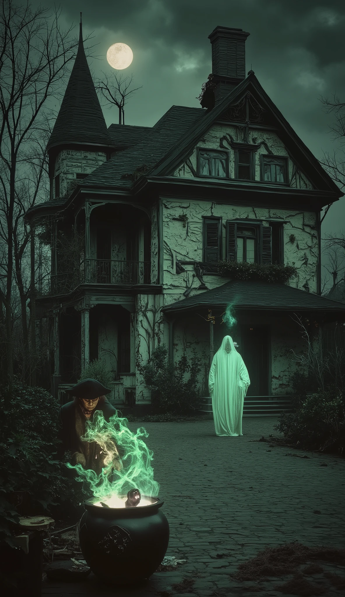 (best quality, 128k,highres,masterpiece:1.2),ultra-detailed,(realistic,photorealistic,photo-realistic:1.37), ((masterpiece)) ((photography)) ((Highest quality)) Eerie, moonlit night with a haunted Victorian mansion as the centerpiece. The mansion is adorned with cracked, peeling paint, crooked chimneys, and broken windows, exuding an atmosphere of decay and dread. A ghostly figure, translucent and pale, glides silently through the cobblestone courtyard, its ethereal form illuminated by the eerie glow of the full moon. In the foreground, a witch with a crooked nose and a pointed hat stands near a bubbling cauldron, her hands stirring a potion that emits swirling green smoke. Her face is wrinkled with age, and her eyes gleam with mischief and malice. Surrounding the mansion, skeletal trees with bare, twisted branches cast long, ominous shadows. The scene is drenched in deep, shadowy blues and greens, with streaks of silver moonlight breaking through the heavy clouds. The air is thick with an unsettling silence, broken only by the distant howl of a wolf. The composition is framed from a low angle, emphasizing the towering, menacing presence of the haunted house. The mood is dark, foreboding, and filled with a sense of supernatural dread, evoking a classic gothic horror style with intricate details in every element.