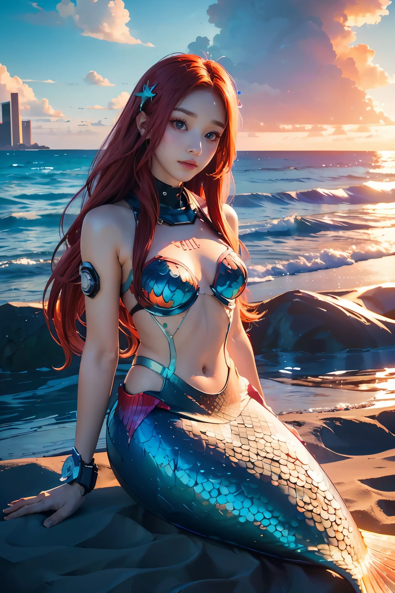 ((masterpiece, best quality, extremely detailed), volumetric lighting, ambient occlusion, colorful, glowing), 1girl, solo, young girl, (red hair), long hair, goddess, cyber suit, (mermaid design:1.3), outdoors, sunset, sky, clouds, beach, sea, , (cyberpunk theme:1.2),