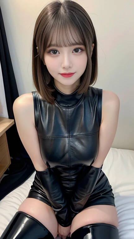(surreal肖像画)、(1 girl、super delicate skin、curve、small、beautiful breasts、big breasts、Fair skin)、((8K)、surreal、high detail、High resolution、highest quality、pieces fly、sense of presence、dynamic、bold)、(thin and soft hair:1.8)、(short bob hair:1.5)、flowing bangs、black髪、((Clothes:1.5)、black革ブーツ、black革手袋、(leather bondage、black) 、I can see the cleavage、No bra)、(leather mini skirt、black)、Leather choker、luxury hotel background、High-end furniture、(on the bed、get down on all fours)、((dim))、My cheeks are a little red because of the alcohol....、red lipstick、Smiled expression、grin and laugh