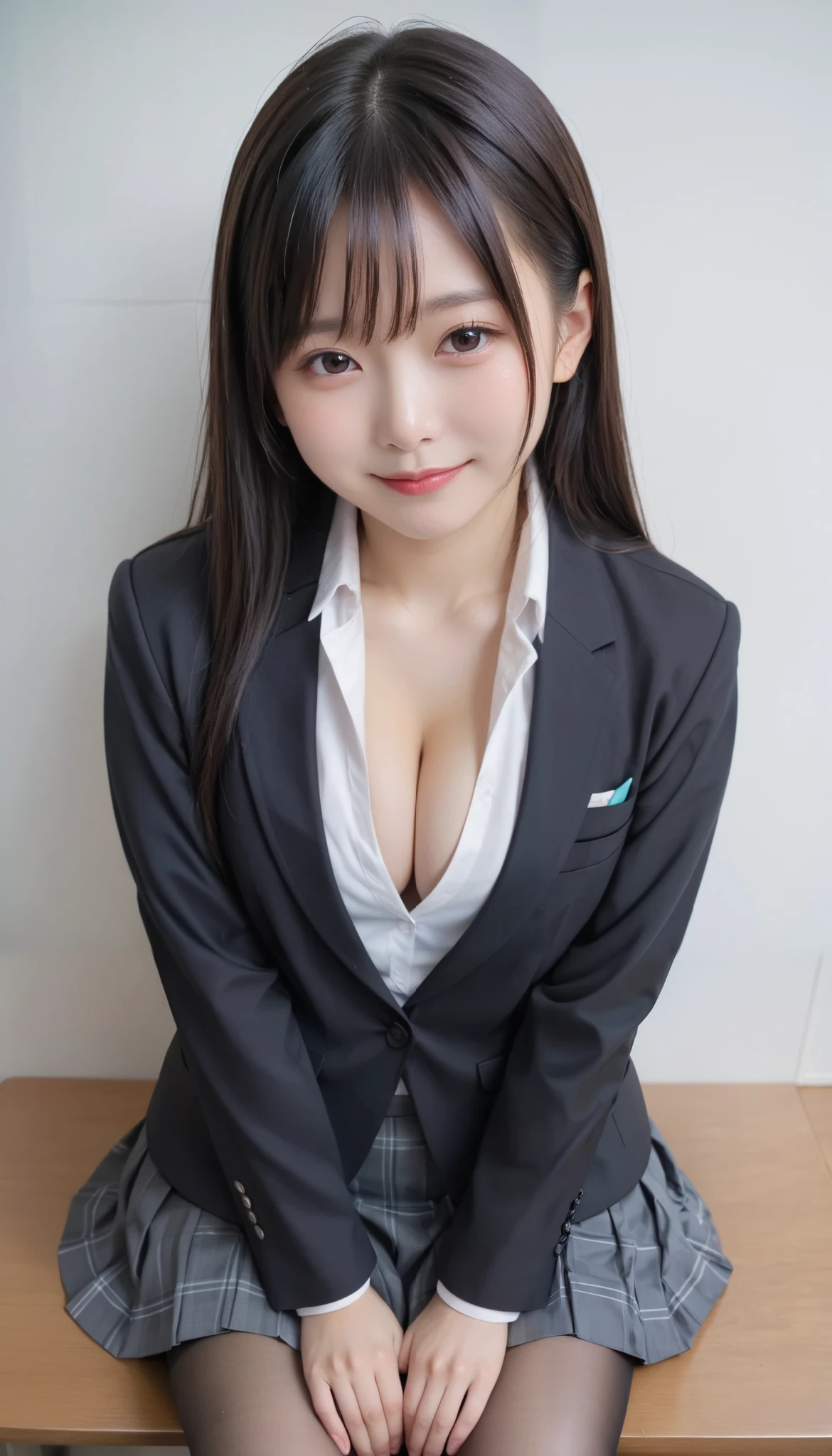 score_9,score_8_up,score_7_up,ultra detailed,absolutely resolution, detailed beautiful face and eyes,hyper realistic,Japanese kawaii college age girl,black hair,straight hair,no make,gleaming skin,school uniform,White shirt,black blazer,black pleats skirt, black tights,embarrassed Smile,be in heat,Cleavage,sitting,from above,upper body,breasts focus,private room