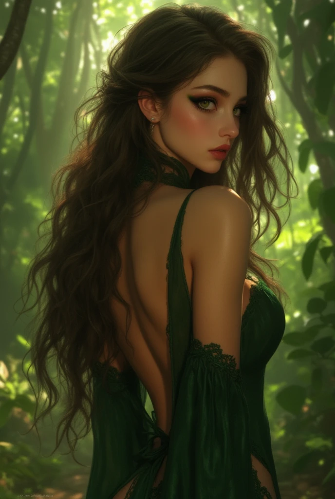 Masterpiece, High Quality, (Perfect Face:1.5), High Detail:1.5,
A Female Figure, Camouflaged by the Lush Green Forest,
Tastefully Hidden by a Strategic Arrangement of Leaves and Plants,
Cinematic Shot, Employing a Cinematic Lens (50mm),
Deeper Focus on the Enigmatic Expression on her Face and Eyes,
Framed within a Wistful and Thoughtful Demeanor,
Depicting a Dynamic interplay of Light and Shadows,
Captured during the Golden Hour,
Creating a Serene, Sensual