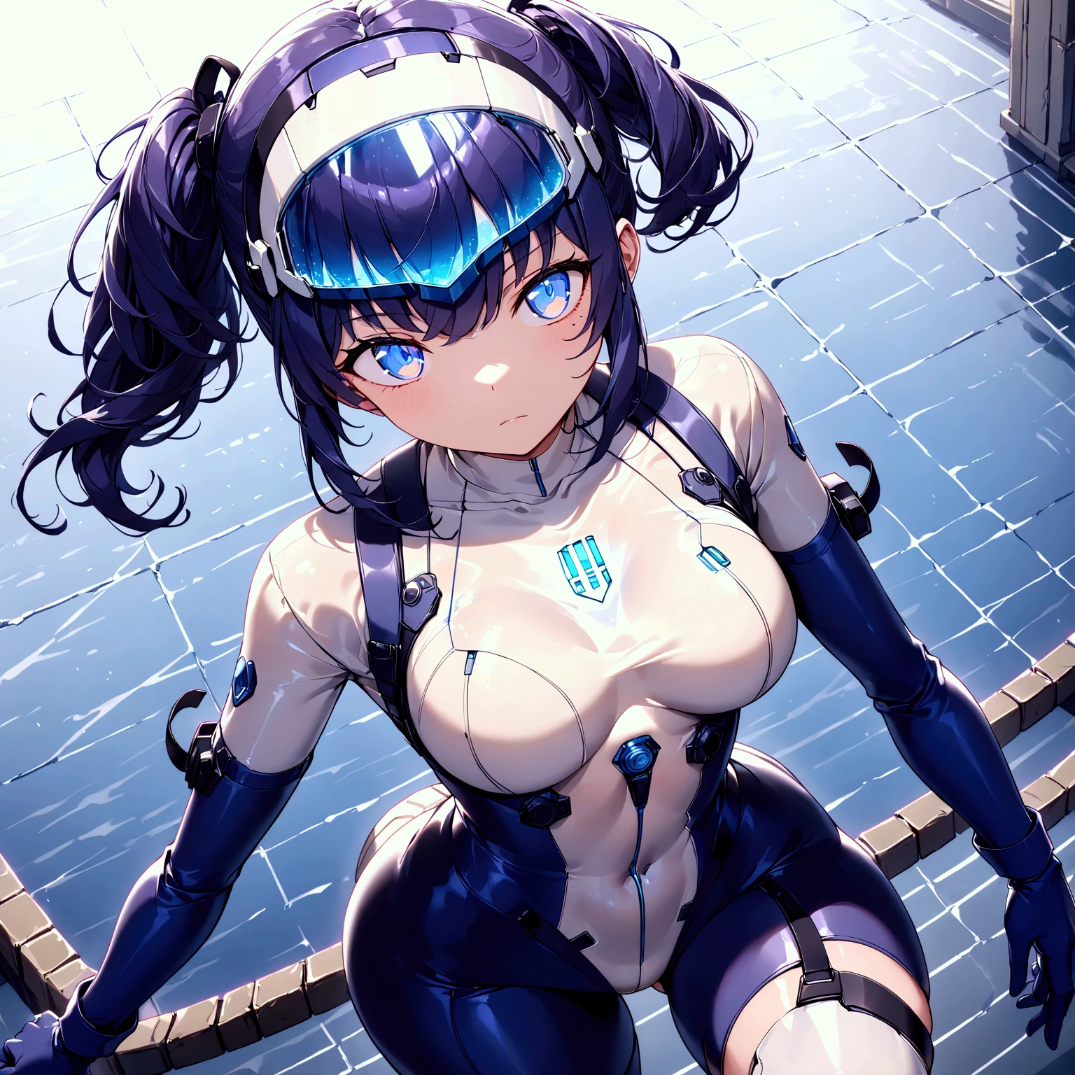 1girl, solo, detailed face, , , long hair,(((robot arms,robot legs))),sf,standing,looking viewer,side ponytail,small breasts,,leotard,nsfw,,thigh boots,arms behind back,angry,cowboy shot,indoor