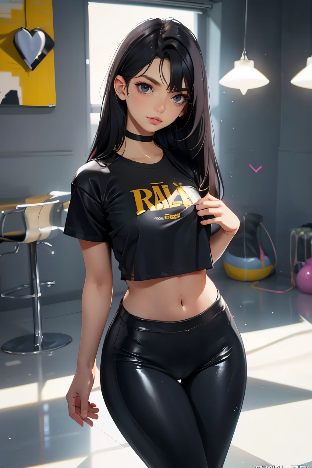 Beautiful Romanian woman . 18 years old . Romanian . Height 170 centimeters. Breast size 3 . black hair . black eyes . Dressed in leggings and a light t-shirt .