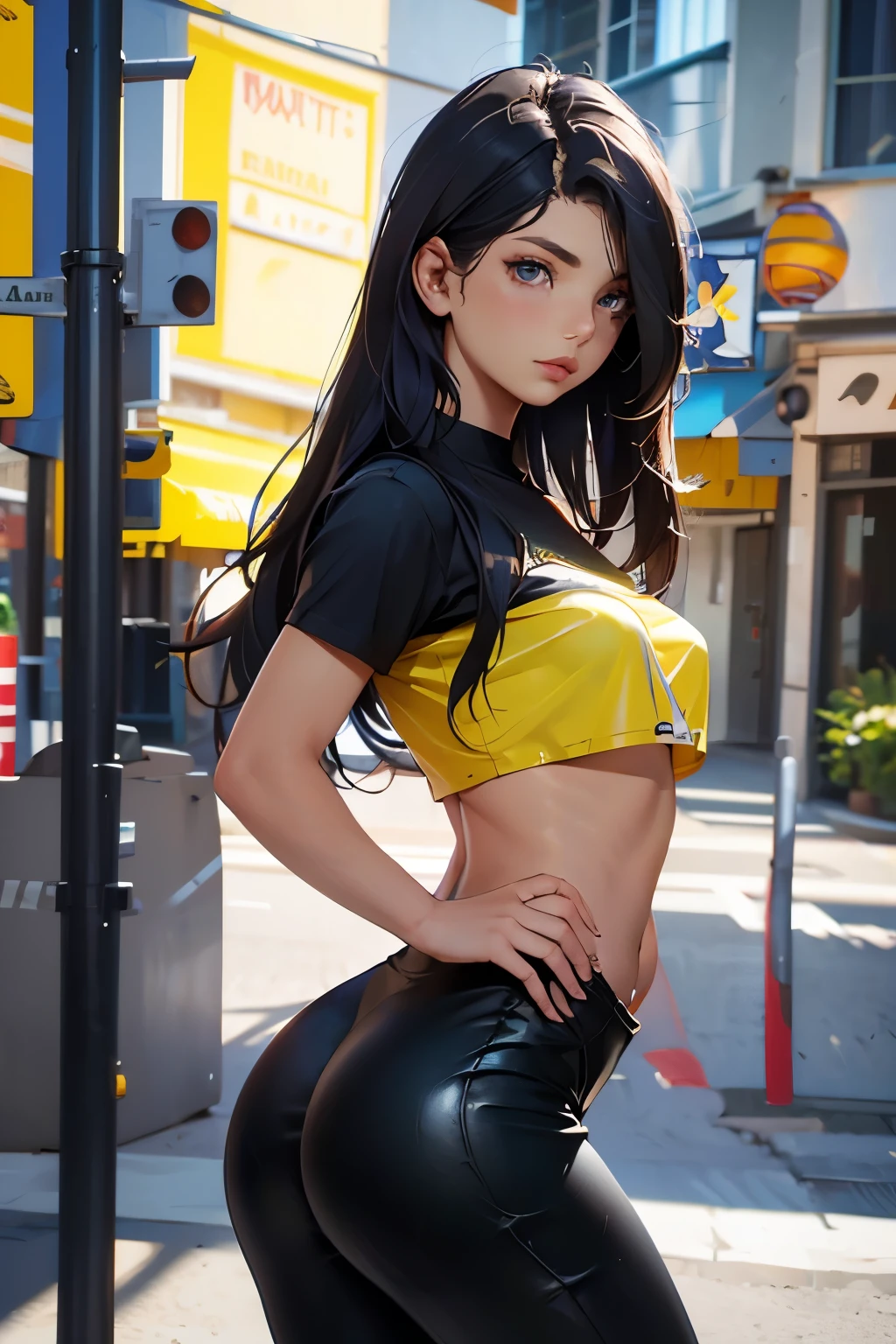 Beautiful Romanian woman . 18 years old . Romanian . Height 170 centimeters. Breast size 3 . black hair . black eyes . Dressed in leggings and a light t-shirt .