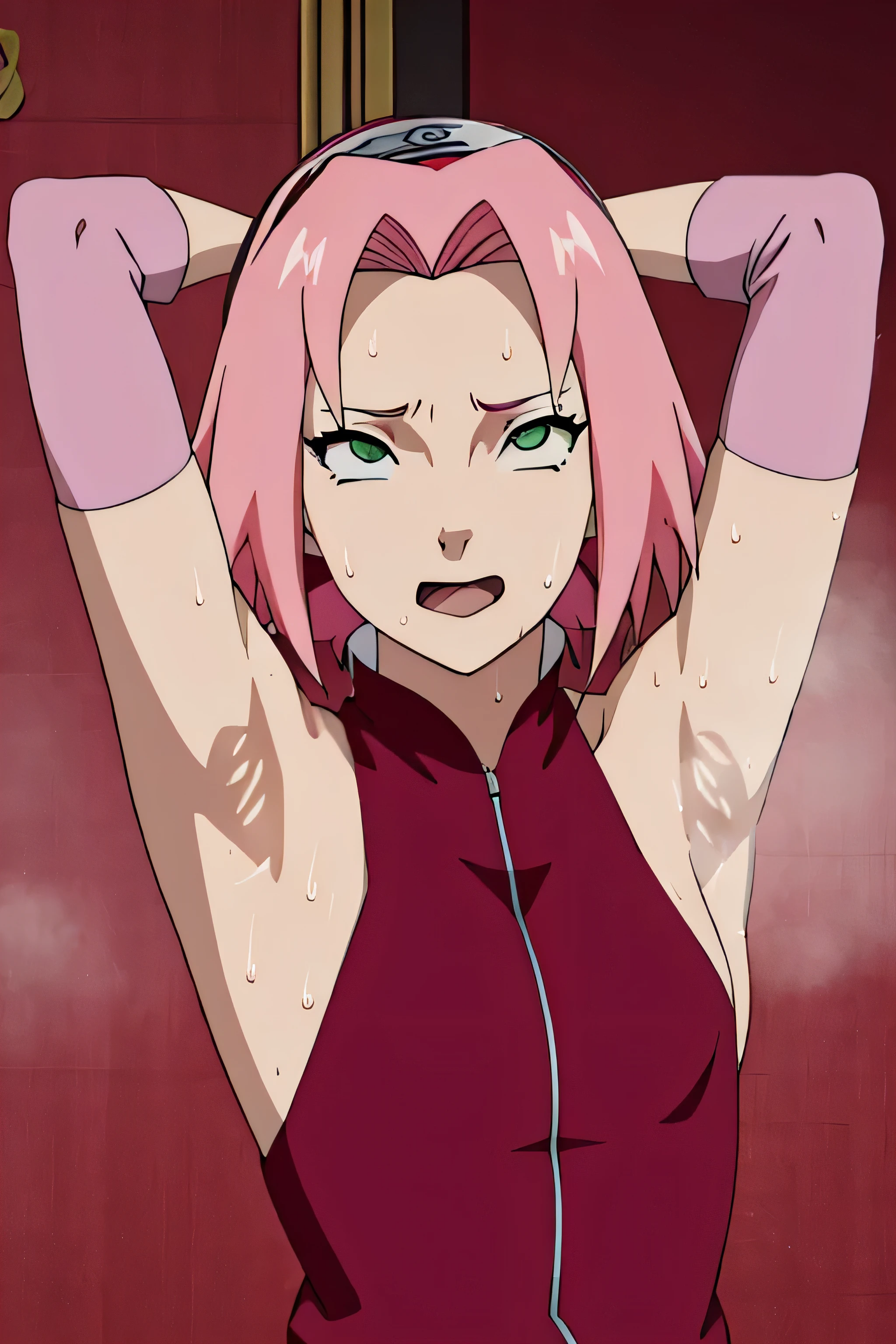 Sakura Haruno,human woman with fair skin.with green eyes and red clothing. Her hair is long and pink in color; She is beautiful. Fair skin.Tsundere face. Pink eye shading,mature appearance,armpits,sweat,sweaty,sweaty armpits,arms up,showing armpits,awesome armpits,outfit,blackish red arm warmers,maroon arm bands,maroon arm warmers,tongue