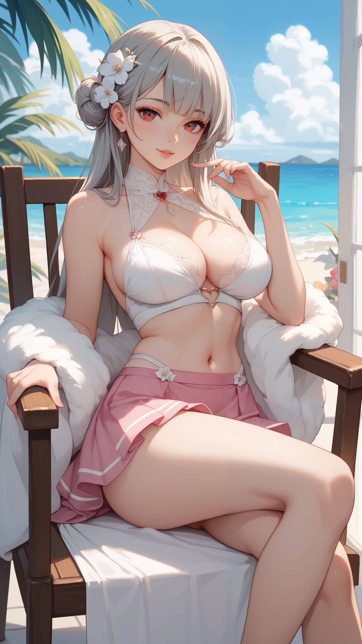 formula art，master piece，sharp focus，（full body portrait:1.3）、（Beautiful gorgeous lovely korean woman：1.3），（Beautiful lovely Korean：1.3），korean beauty，Delicate and beautiful hair, eyes and face，Realistic，super detailed，beautiful girl，blue sky，shining white particles,(side light:1.2),Light of the sun,Baiyun,detailed clouds,thin,（(huge breasts:1.6)), (big ass),(small nipples with pointed points,)、toothy smile,((smile and open your eyes)),landscape,long straight hair, sexy look, building, (cityscape:1.7), (dynamic hair, super long hair, delicate platinum pink hair,ponytail)、 (big blue eyes、wide slender eyes), (Clean clothes、Blue pleated shirt+white skirt), white socks, pale skin, hair ornaments, 壮大なlandscape,she was lying on the back chair，secretly watch a small movie、((View from diagonally below))、Belly button look、Black Loafer Shoes,(sit with one&#39;s knees）、(Bright red sexy underwear)、Cameltoe visible, long bangs、
