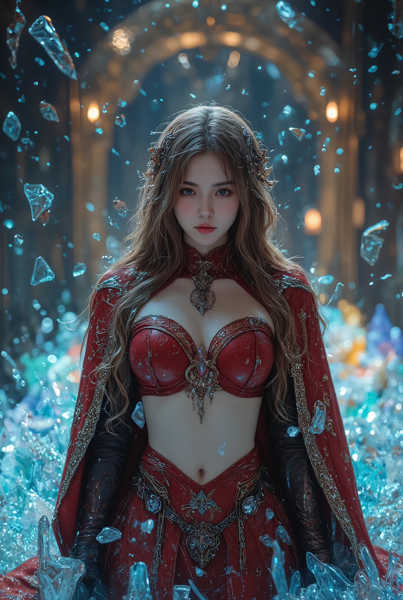Beautiful young woman devil in the crystal garden . hundreds of colorful crystal crystals with a sense of transparency、 and there's a young woman in the crystal garden . she says 、Sunlight shines into the water 、Illuminating a woman、 spends time in a shallow sea where crystals shine . a woman blows air bubbles on the surface . photo is present, Cinematic Photography, Cinematic Lighting , cinematic portrait , portrait photo , is present, realism, Super Detail, high resolution, Full Focus, top quality, hyper is present, 3D rendering , 8k octane , movie, cinematography , digital art , Photo is present, pixel art , Pixel Assets, allows depth of field after closing, top quality, I arranged the , Masterpiece