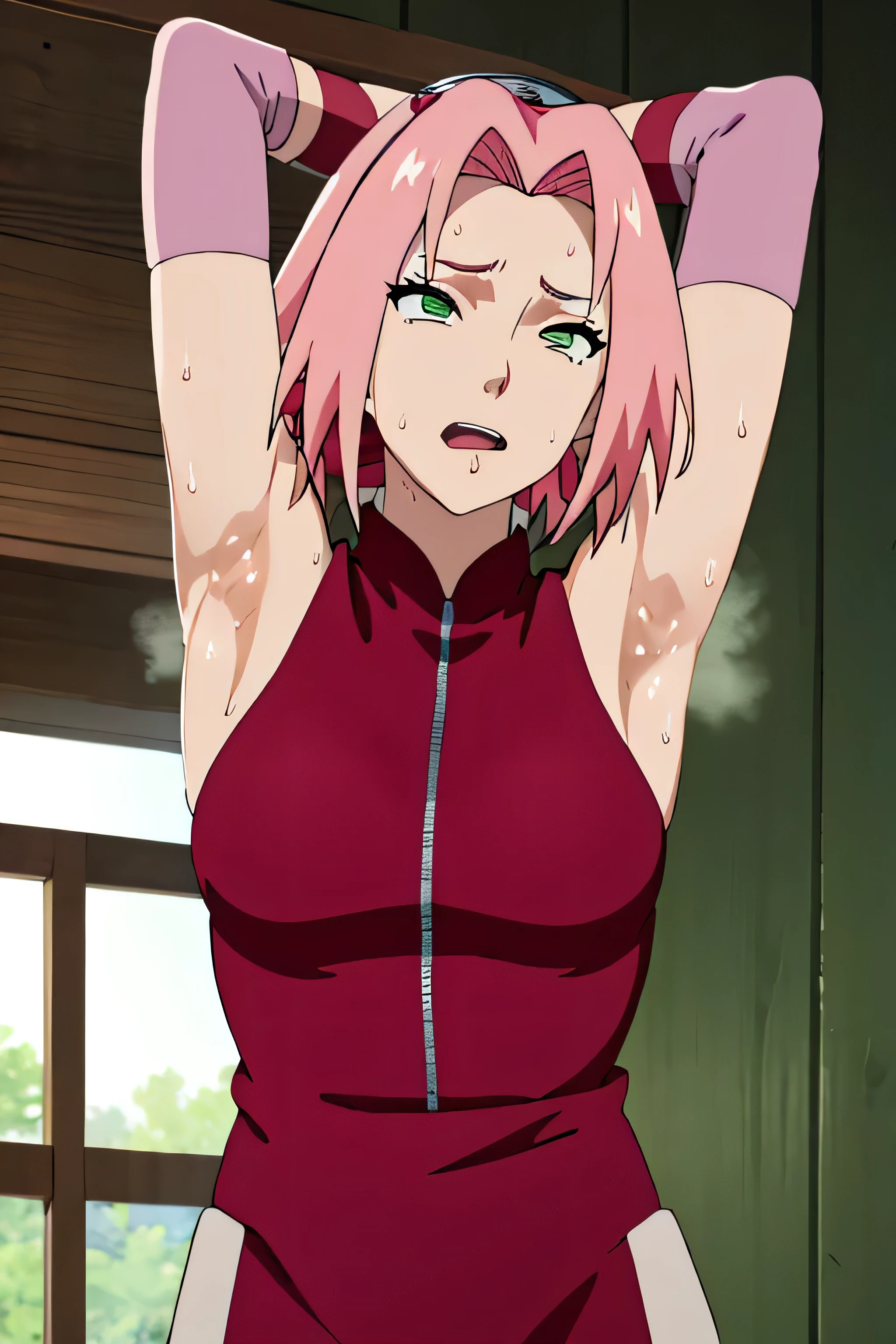 Sakura Haruno,human woman with fair skin.with green eyes and red clothing. Her hair is long and pink in color; She is beautiful. Fair skin.Tsundere face. Pink eye shading,mature appearance,armpits,sweat,sweaty,sweaty armpits,arms up,showing armpits,awesome armpits,outfit,blackish red arm warmers,maroon arm bands,maroon arm warmers,tongue
