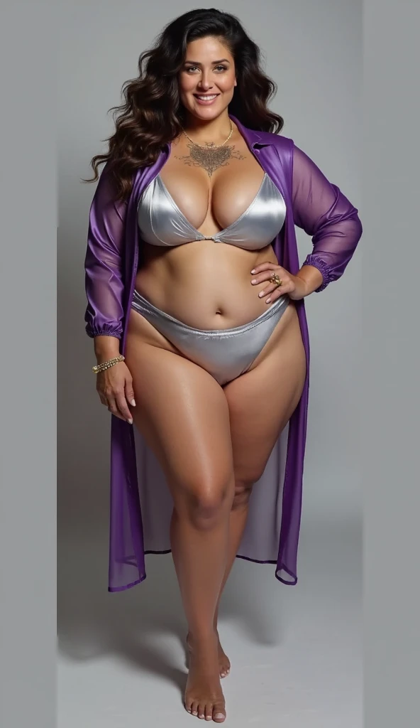 photo of one person with two heads in costume, four arms, four huge breasts, flowing hair and long robe, wearing flowing robe, kitchen in background