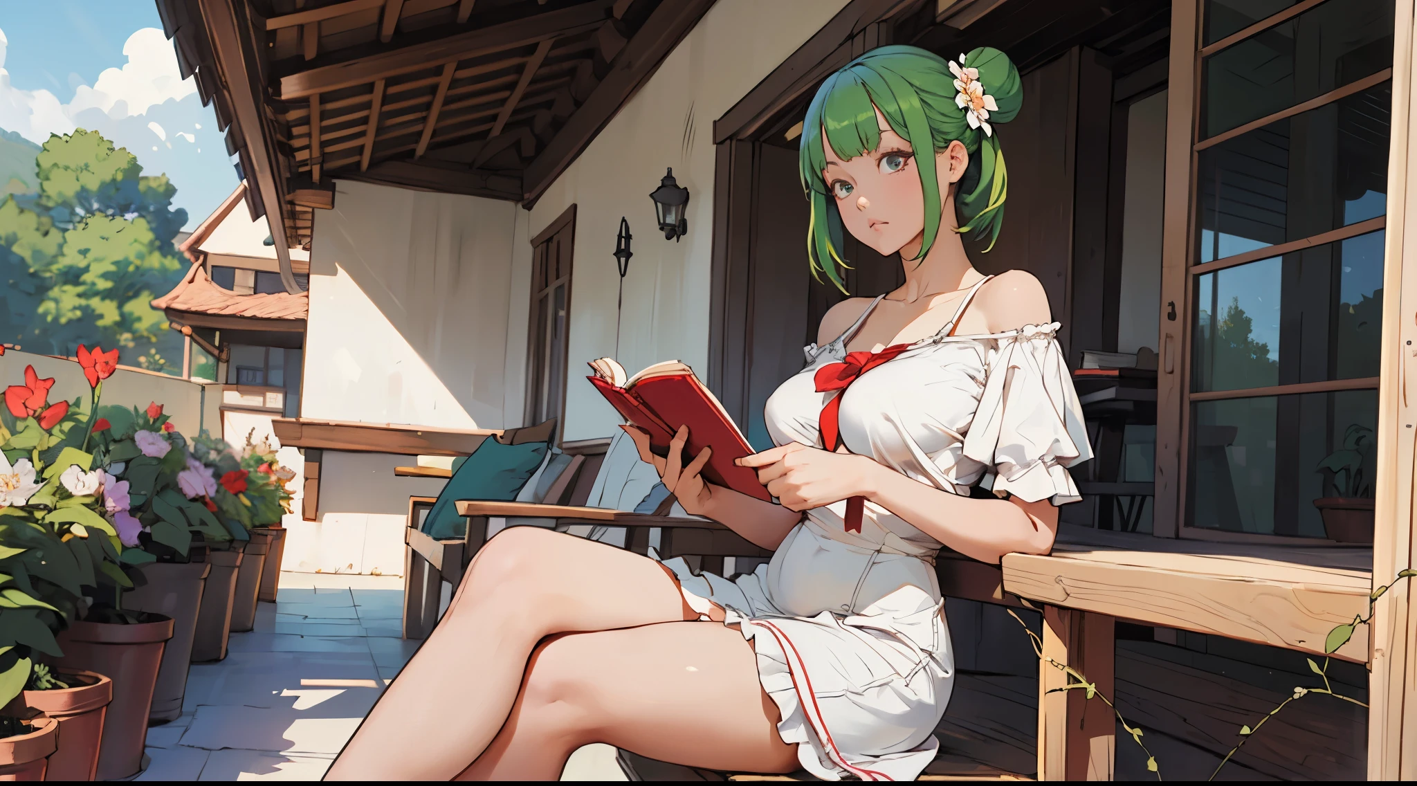 girl, solo, holding an open book, white shortdress, frill-trim, off a shoulder, short sleeve, (large breasts:1.4), red school bag, twin bun, green hair, bangs, flower hairpin, shy expressions, blushing, house patio,
