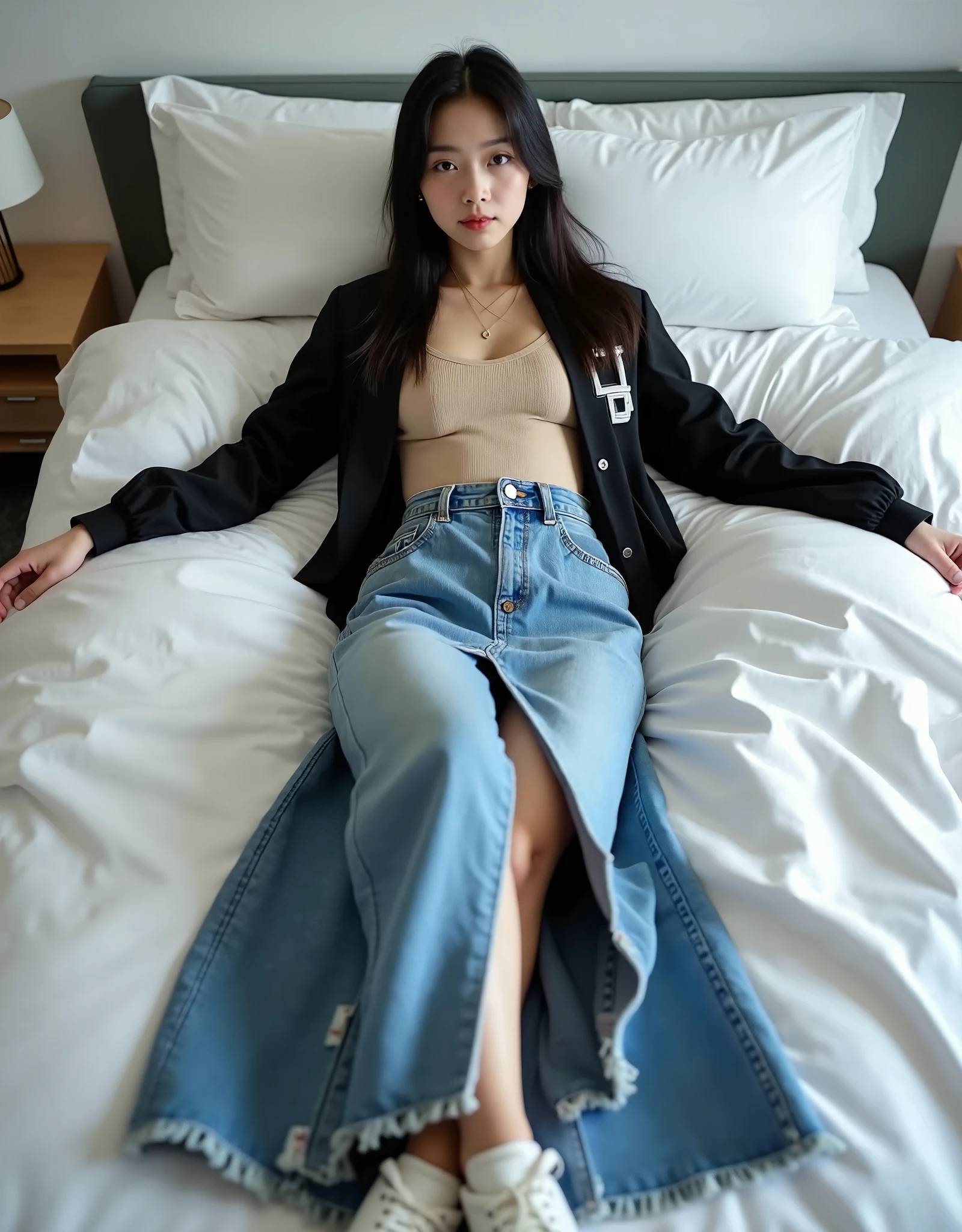 Girl in white bra and tight denim skirt posing for photo, full body, with cropped T-shirt, bra, slim body, big bust, E cup, slim girl model, 24 years old female model, lying on the construction site, a group of black men onlooking