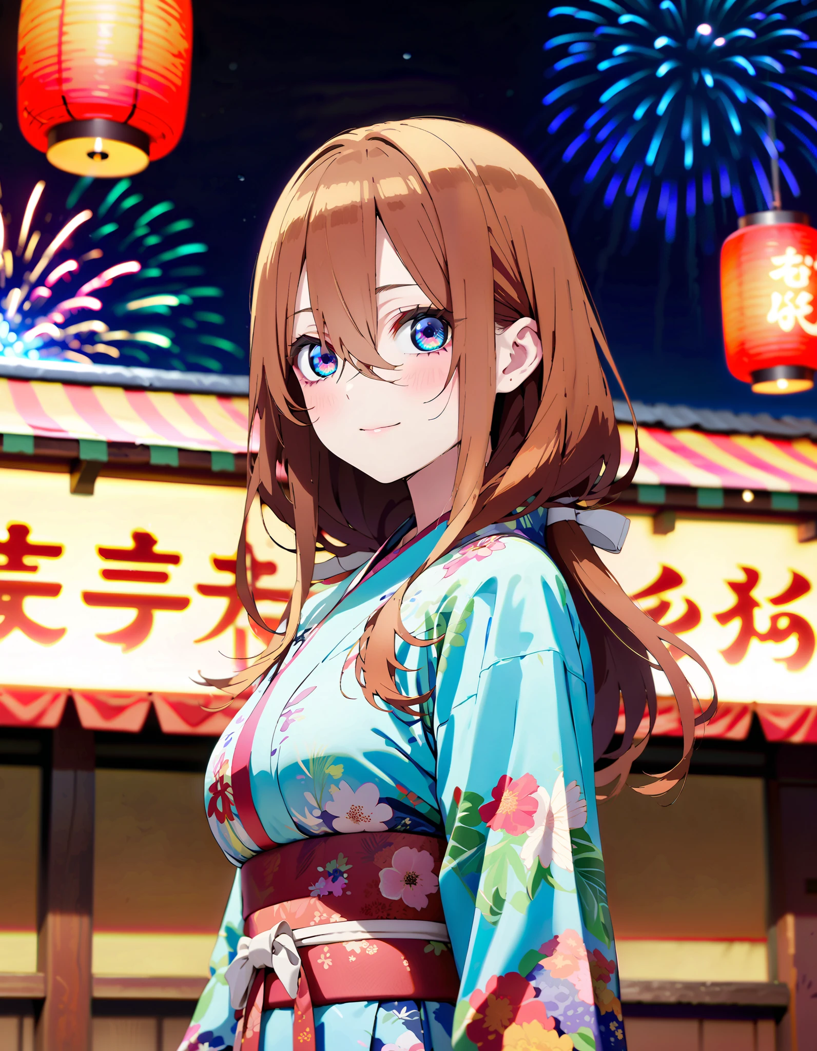Nakano Future, Alone, long hair, bangs, blue eyes, brown hair, long hair, bangs, blue eyes, brown hair, hair between eyes ,smile,blush, legs ,blue kimono , side lock , long skirt ,日本のfestival,夏festivalの屋台, red lanterns,Fireworks in the night sky, fireworks,The time is night, standing,whole bodyが illustration に入るように,
break outdoors, festival,
break looking at viewer, whole body、
break ( Masterpiece:1.2), top quality, high resolution, unity 8k wallpaper, ( illustration :0.8), ( beautiful detailed eyes:1.6), highly detailed faces at a pachinko parlor, perfect lighting, Highly Detailed CG, ( perfect hands , perfect anatomy ),
