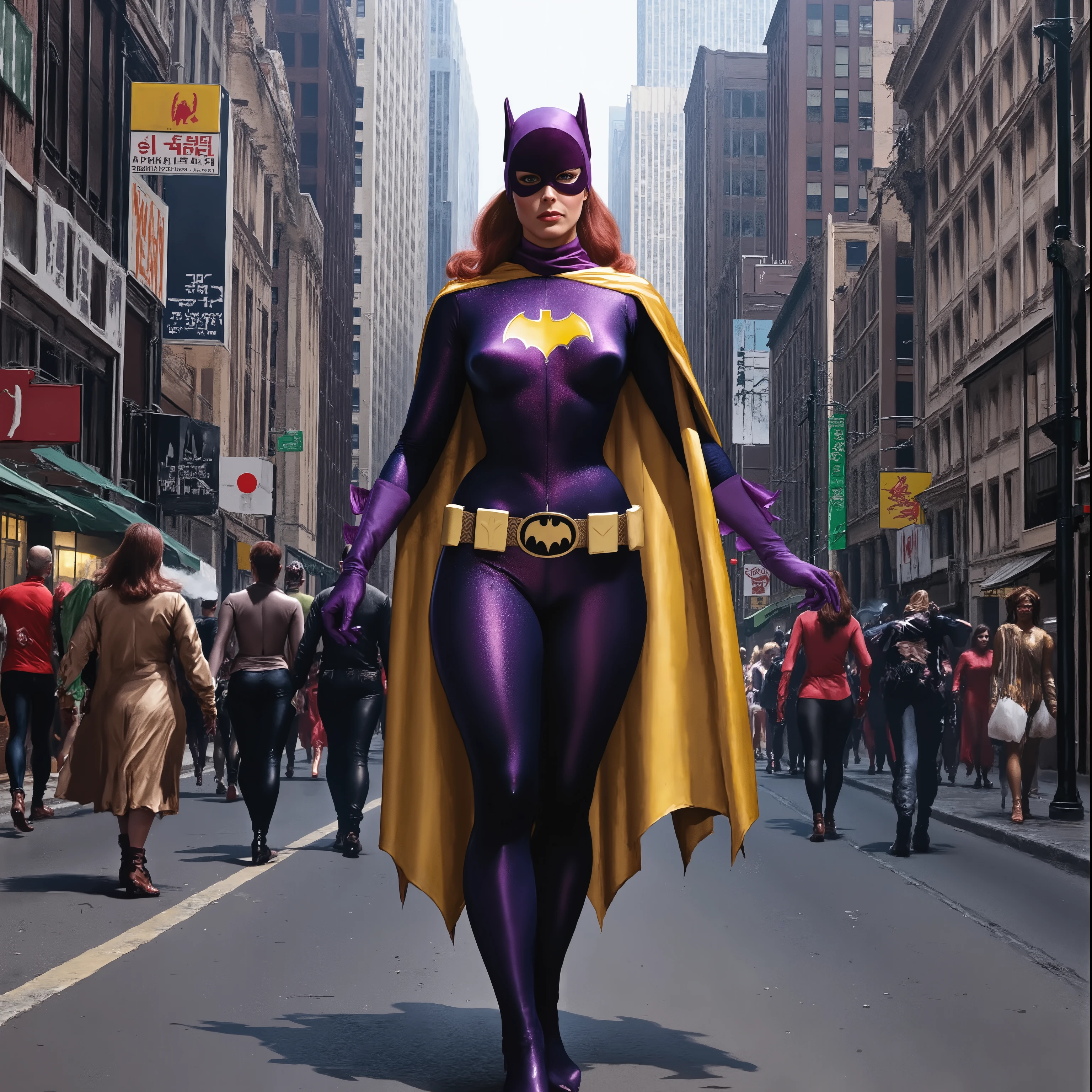 (masterpiece, best quality:1.2), 1girl, solo b4tg1rl woman, AlexRossstyle, full body shot, dressed as Batgirl, dynamic sexy pose, Perfect hand, in metropolis street