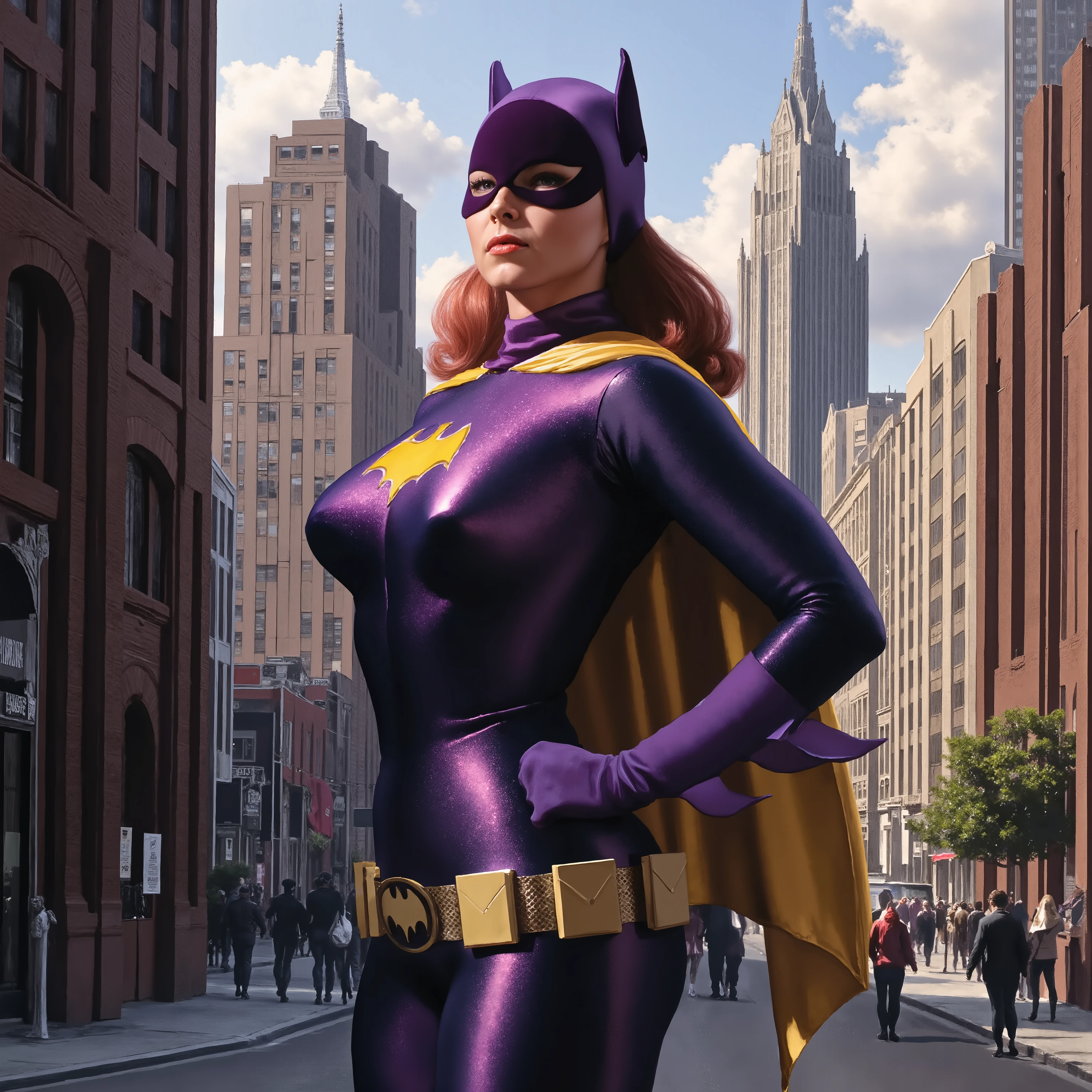 (masterpiece, best quality:1.2), 1girl, solo b4tg1rl woman, AlexRossstyle, full body shot, dressed as Batgirl, dynamic sexy pose, Perfect hand, in metropolis street
