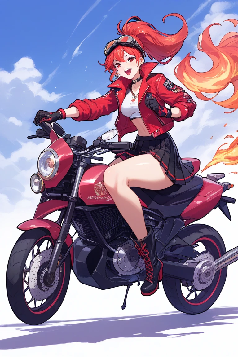 ((masterpiece, best quality)), A (speeding) red bike City at high speed, (slow motion: 1.3), (motion blur: 1.3), (speedline: 1.4), sense of speed, catgirl, short green bob hair, green eyes, sparks and smoke from tires, hair blowing in the wind