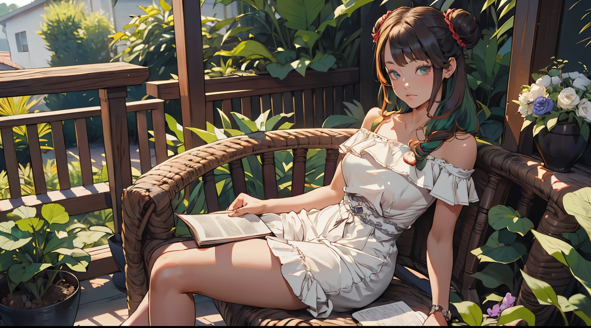 girl, (solo:1.2), (yo, cute:1.4), holding an open book, white shortdress, frill-trim, off a shoulder, short sleeve, large breasts, red school bag, twin bun, green hair, bangs, flower hairpin, shy expressions, blushing, house patio,