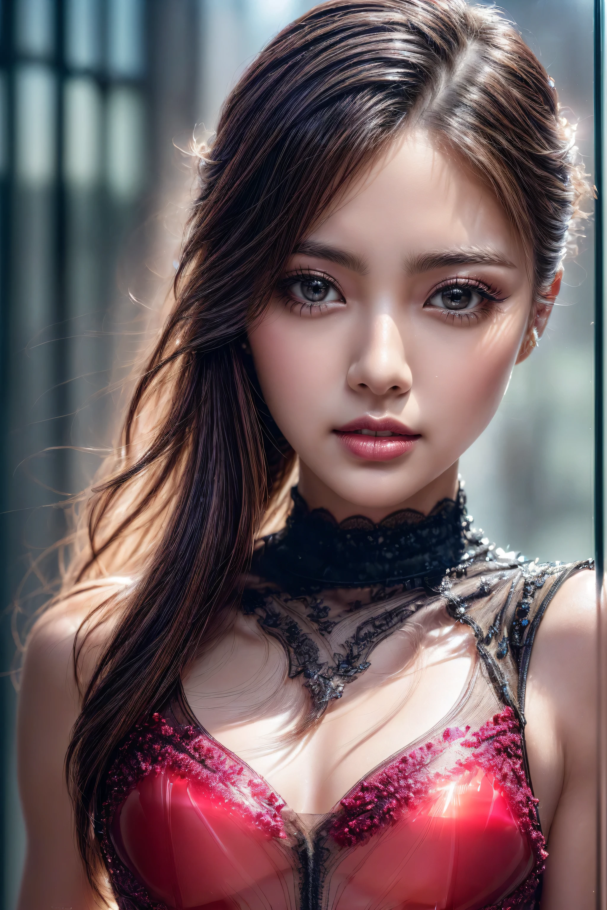 ((Make your subject look three-dimensional with the contrast of light and shadow)), Realistic (photorealistic Realism 16K Quality), ultra realistic details: velvety skin, blonde short slicked to the side hair, symmetrical lips, light glossy red_lipstick, long blue_eyelashes, pupils, (clear sharp focus, not blurry, Realistic brown_eyes:1.35), (anatomically correct), (perfect female body:1.4),beautiful feet,cute girl,((firm big full breasts)), Hyper Photorealistic ((portrait)) a cute 1model:1.4 24yo, dslr, best high quality soft lighting, sharp focus captured by Fujifilm XT3, f 5.6, in a dramatic lighting, (perfect composition), pale skin, (dry skin), ultra realistic,8k cg,masterpiece,(ultra detailed background, delicate pattern, intricate detail). dress a beautiful girl with a perfect figure in something nice, made of available materials, ((silk), (canvas, nylon), latex laced (lacy),(earrings), everyday items). Attention to detail, Double eyelids, Wear an off-shoulder top, ((random facial expressions)), medium Contrast, long leg, medium ass, ((layer cut: 1.3)), ((Brightly colored clothing)), ((no_Pantise)), (Erotic:1.35), ((black silked skirt, (tinyskirt:1.42), no_panties, curvy), (school uniform short skirt wrapped at the hips)), ((rich including decorative embroidery:1.13)), ((red|white|black lacy:1.25)), ((sharp focus)), ((very intricate design of epic bodysuits:1.4)). ((city night), (neon sign), (night), (big full breasts), (((close up of her face:1.2))), (looking at viewer), 