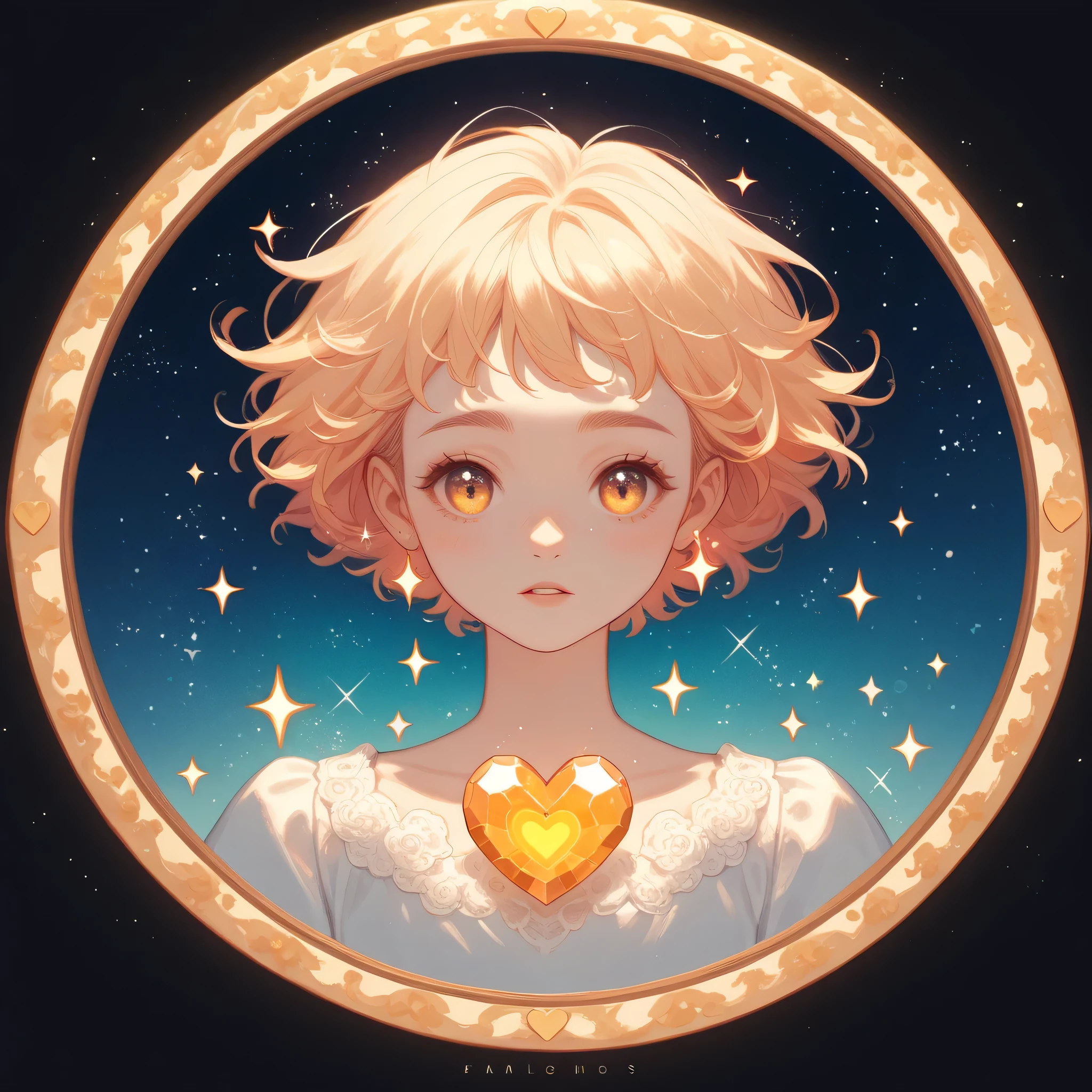 ((A cartoon image of a woman with very short hair made of galaxy and cosmos, allowing you to see stars and nebulae in its threads. She wears an elegant choker that highlights her neck.. Your eyes are amber blue, giving a mystical and deep look. She has cyan lips that contrast with her dark skin.. She wears a simple t-shirt. The image is a close-up of his face, clearly showing the details of your appearance. She is also wearing earplugs. The art is detailed and showcases the cosmic beauty of your hair, that seems to contain the entire universe.))
