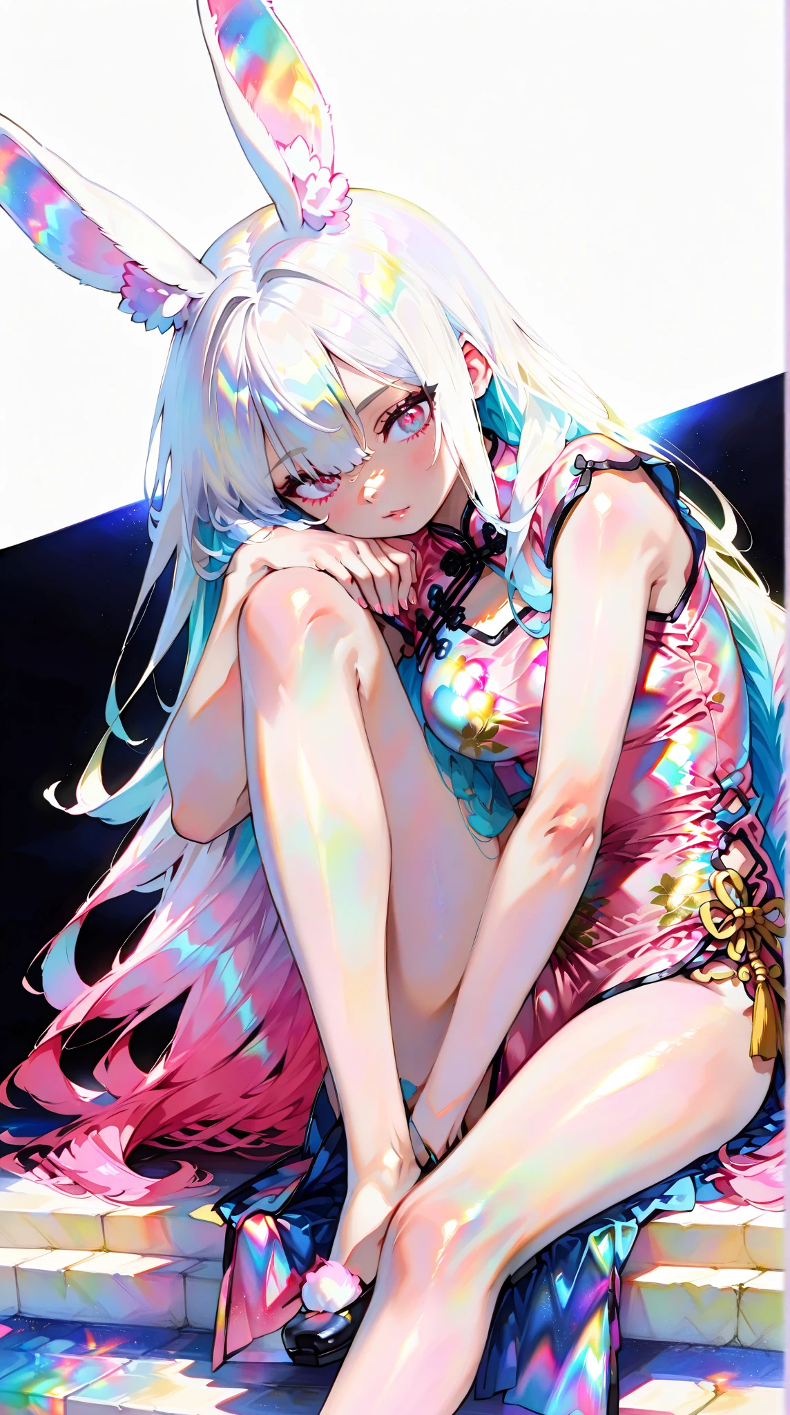 8K,gal，an extremely delicate and beautiful,Beautiful and realistic skin,Shiny jewel-like earrings,Shine like glitter long colorful hair,beautiful eyes,full body,China dress 