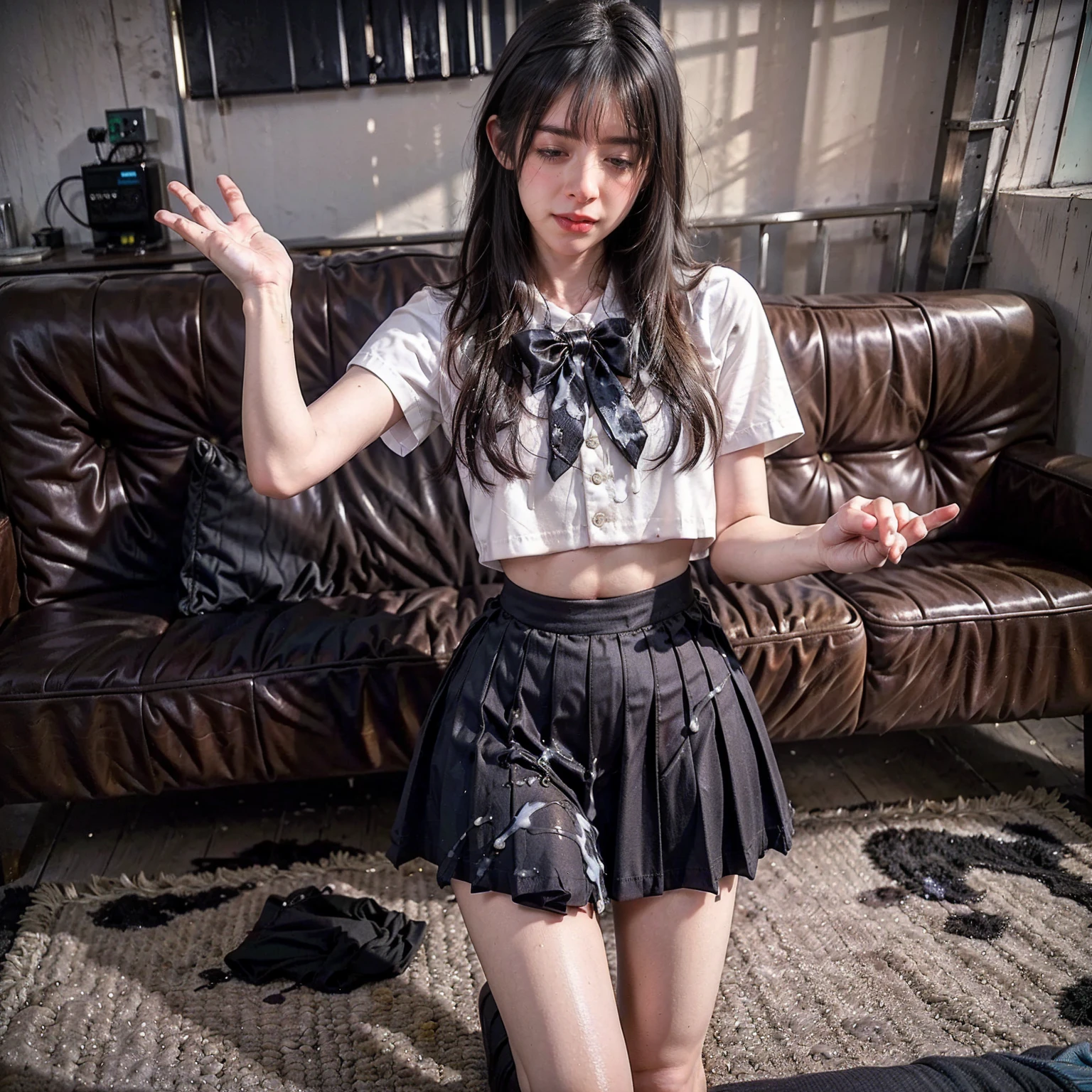arafed asian woman in a tight white blouse and plaid miniskirt posing for a picture, photo of slim girl model, sultry body with sexy belly, 2 4 year old female model, ((huge breasts|tight white blouse)), ((miniskirt|plaid)),beautiful alluring teen, model with attractive body, gorgeous young korean woman, gorgeous young model, young sensual graceful, gorgeous chinese model, ((curly bangs)), ((very dark short hair)), ((black hair in a rough shag)), wavy hair, (masterpiece:1.3), high resolution