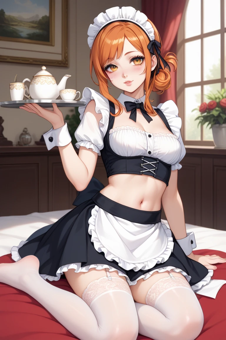 (A masterpiece of image quality in 8K),(from below:1.3),(Beautiful Allafed Woman),(((emphasizing breasts:1.0))),(Dynamic angles),(Dynamic and sexy bending pose:1.3),(sit a chair:1.3),(Short hair in shiny silver and orange inner colors,(perky chest:1.1), (pointed chest:1.3),small full breasts,Disturbance of clothing due to movement,breast slip,(Ponytail twisted buns adorned with elaborate braids and beads,Braided Setup Fishbone Hair,),(see-through bangs),small breasts、(((A white lace apron that shows your bare skin from under your small breasts)))、Blush with embarrassment、Enraptured eyes、A smile that beguiles the viewer、(Look back:1.2)、Look into the photographer,skin glistening with sweat,gazing at viewer,,(Professional Lighting),(8K,masutepiece,top-quality,Ultra-high resolution output image,),(Ultra HD with complex detail image modes),depth of fields,Beautiful hands,Beautiful fingers,Detailed finger features,(Detailed hair features:1.7),detailed facial features,detailed clothes features,