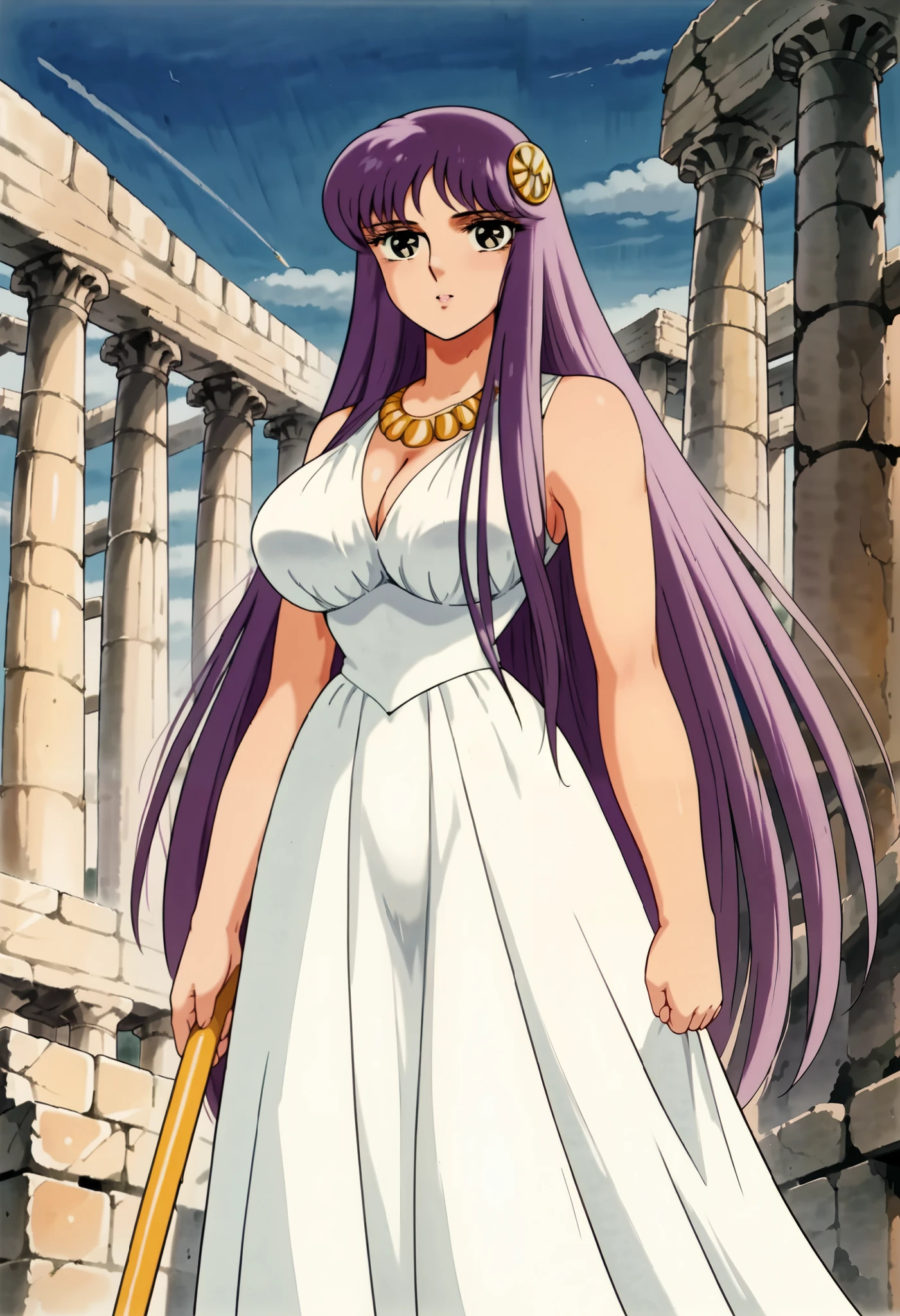 score_9, score_8_up, score_7_up, ultra detailed,, Expressiveh, zPDXL, standing, huge cameltoe, saor1, 1girl, solo, long hair, dress, purple hair, white dress, looking at viewer, sleeveless, retro artstyle, very long hair, pillar, staff, 1980s (style), green eyes, jewelry, panties, dress lift, outdoors, ancient greek, pillars, abandoned, (ultra large breasts:1.35, ultra huge tits:1.35, ultra huge cleavages:1.35, ultra huge boob:1.35), nsfw, 