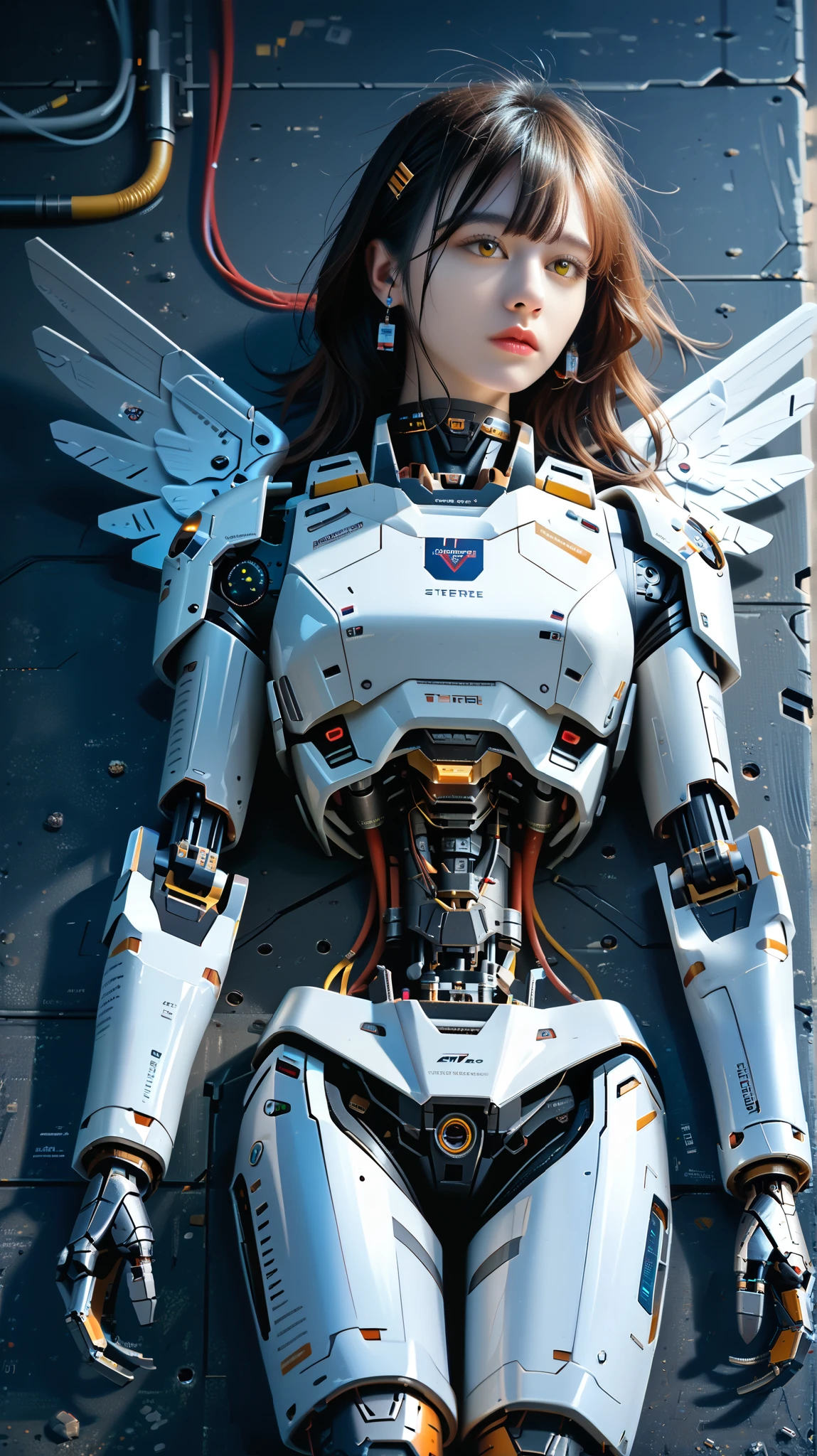 (((masterpiece))), (realism, realism texture, (science fiction, distant future), (top Quality, High Quality, top resolution, high resolution, (ultra detailed, high detailed))), (beautiful robot woman, woman is incredible machine:1.2), (beautiful face), (thin lips, wide mouth), yellow eyes, (robot white armor:1.3), machine frame, skirt, (steel knee-high greaves, (mechanical hands)), robot joint, (robot neck joint:1.2), (electronic component, machine parts, big winged jet engine  wing, robot torso:1.3), Expressionless face, (cowboy shot:1.3), laboratory, (closed mouth), (lying, from above)