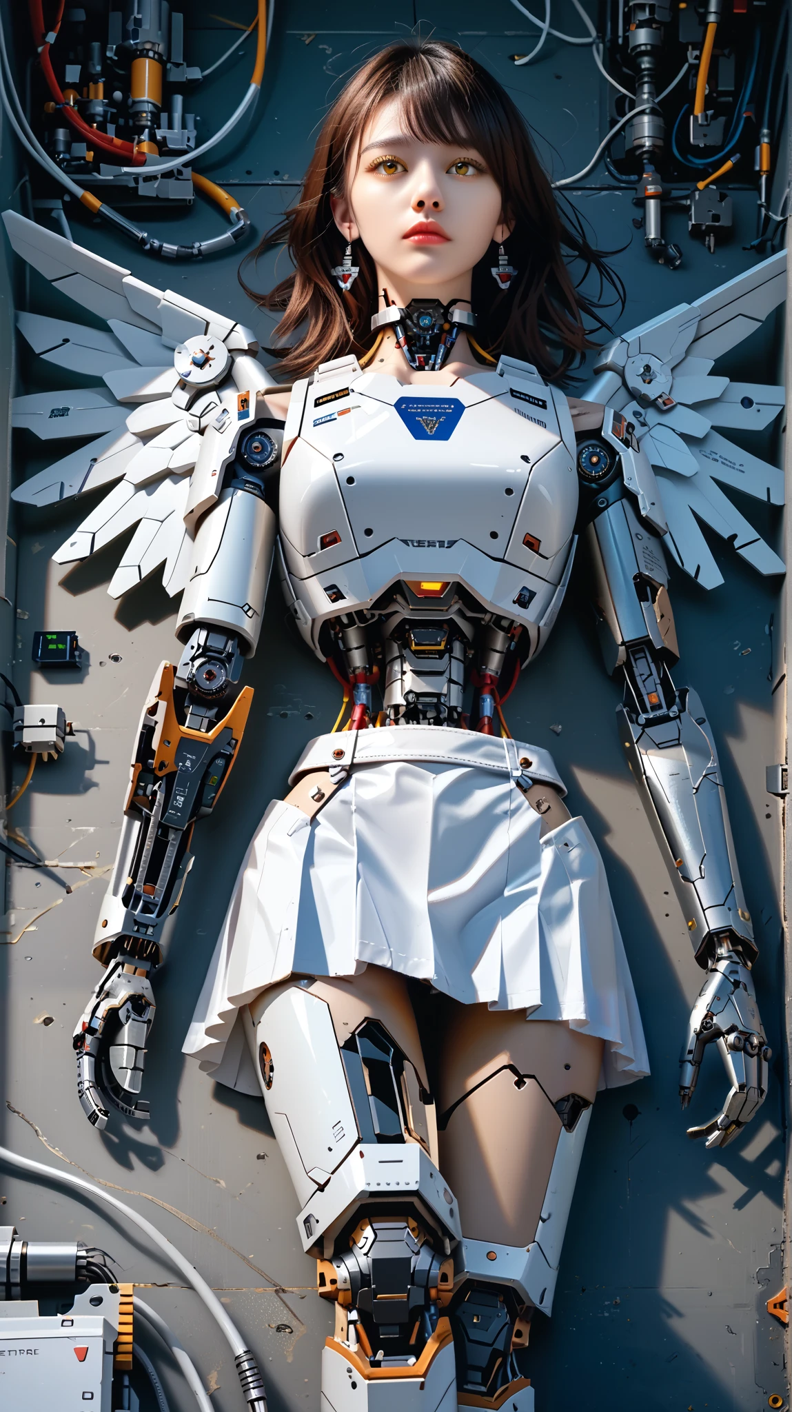 (((masterpiece))), (realism, realism texture, (science fiction, distant future), (top Quality, High Quality, top resolution, high resolution, (ultra detailed, high detailed))), (beautiful robot woman, woman is incredible machine:1.2), (beautiful face), (thin lips, wide mouth), yellow eyes, (robot white armor:1.3), machine frame, skirt, (steel knee-high greaves, (mechanical hands)), robot joint, (robot neck joint:1.2), (electronic component, machine parts, big winged jet engine  wing, robot torso, broken neck, severed leg, severed arm:1.3), Expressionless face, (cowboy shot:1.3), laboratory, (closed mouth), (lying, from above)