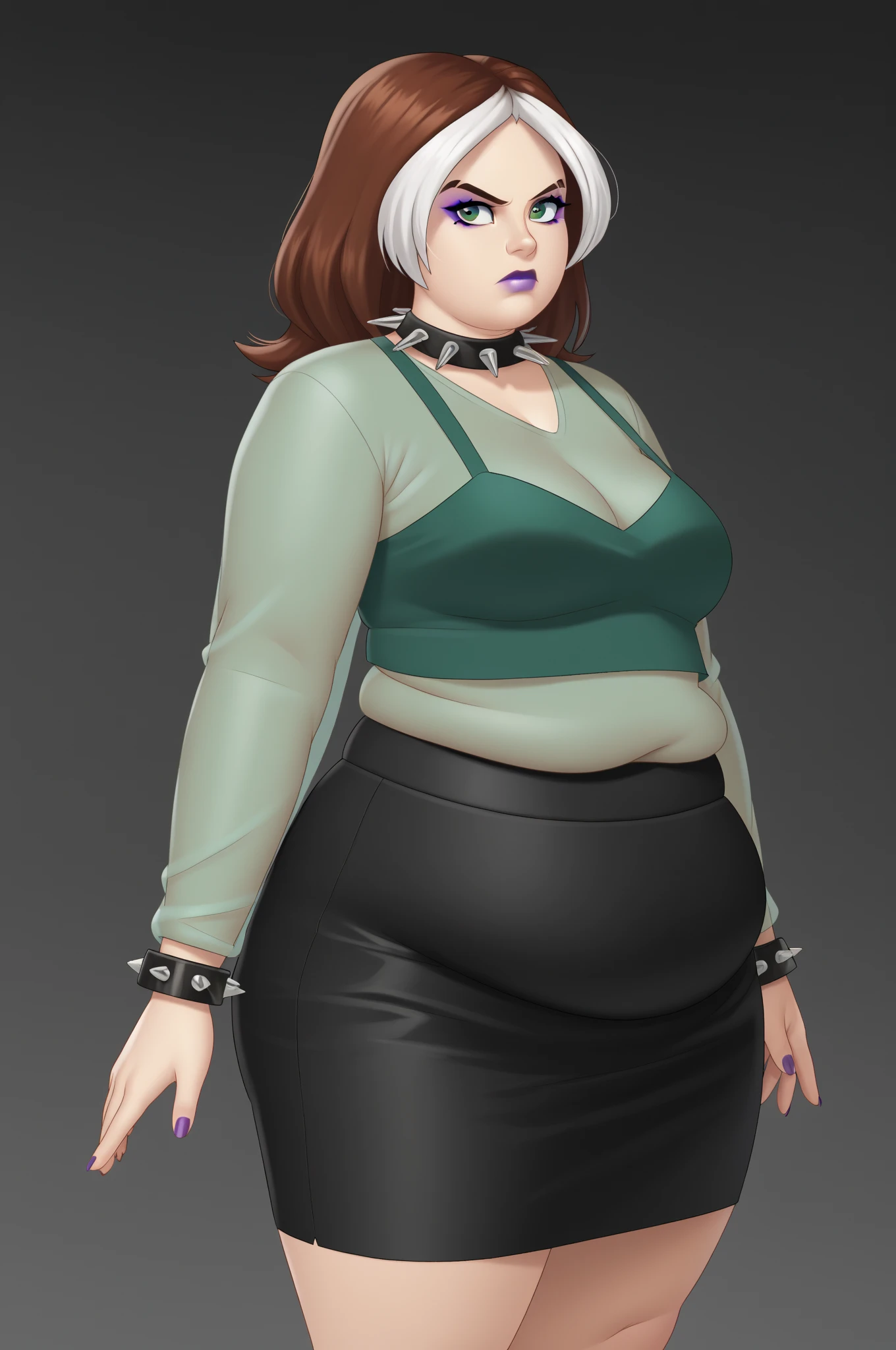 source _ cartoon , score_9, score_8_arriba, score_7_arriba, score_6_arriba, score_5_arriba, score_4_arriba, BREAK, a girl, serious look, a girl, rogue, Let's ask yourself , multicolored hair , brown hair , lock of white hair, Lápiz labial morado , Sombra de ojos morada, green eyes, transparent shirt, skirt, spiked necklace , spiked bracelets , modeling pose , big fat body ,