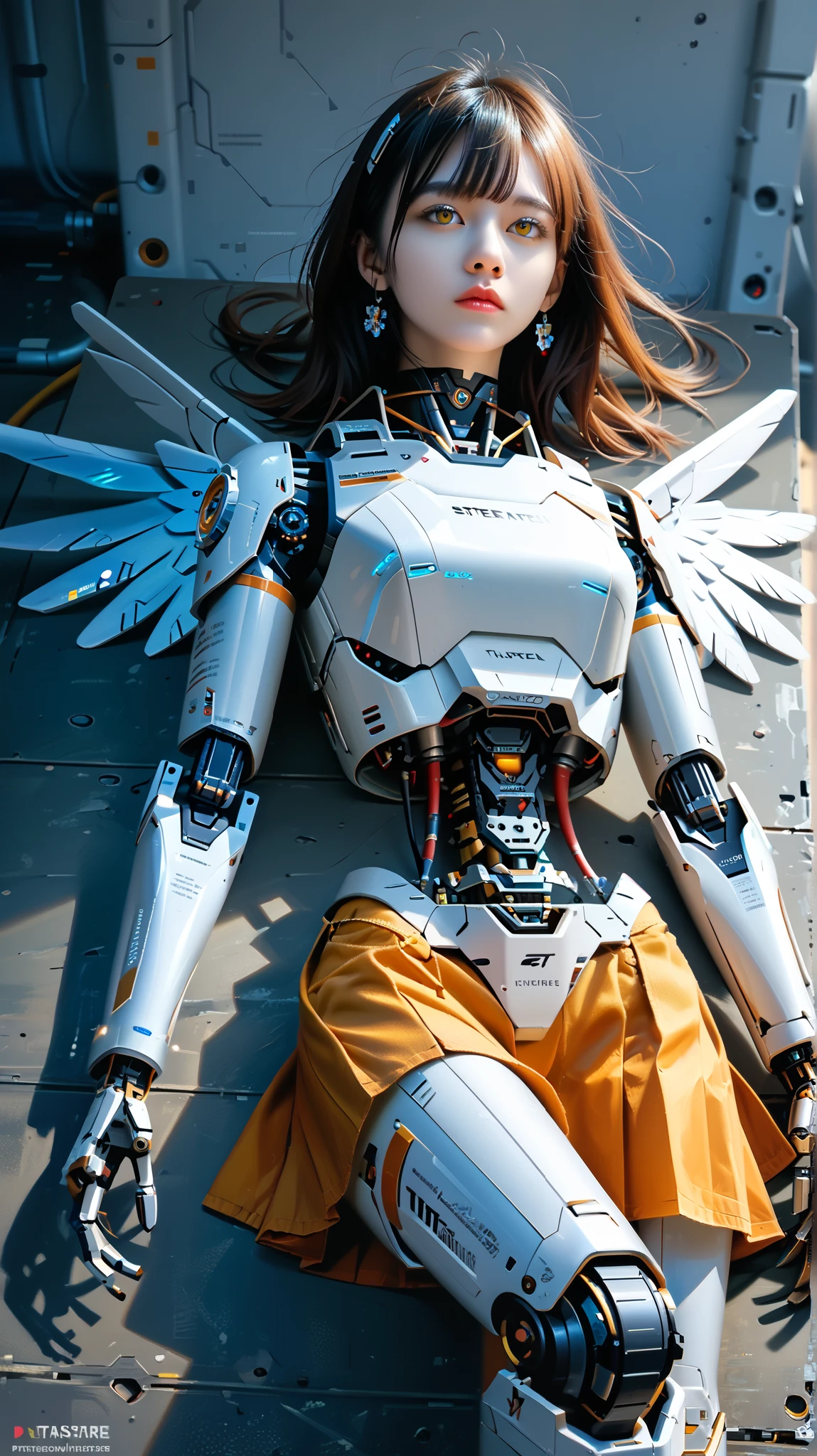 (((masterpiece))), (realism, realism texture, (science fiction, distant future), (top Quality, High Quality, top resolution, high resolution, (ultra detailed, high detailed))), (beautiful robot woman, woman is incredible machine:1.2), (beautiful face), (thin lips, wide mouth), yellow eyes, (robot white armor:1.3), machine frame, skirt, (steel knee-high greaves, (mechanical hands)), robot joint, (robot neck joint:1.2), (electronic component, machine parts, big winged jet engine wing, robot torso:1.3), Expressionless face, (cowboy shot:1.3), laboratory, (closed mouth), (lying, from above)