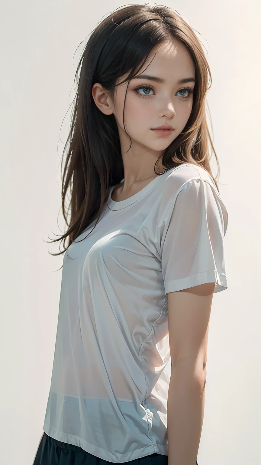 (detailed face),((crotch)),normal breasts,pretty,white sleeveless t-shirt,4k ,super high resolution ,(photo-realistic: 1.7), gray background,long hair,