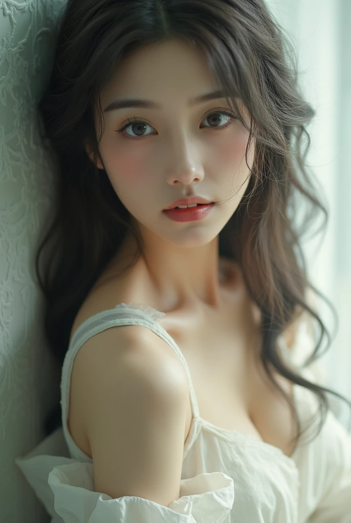 Best Quality, masutepiece, 超A high resolution, (Photorealistic:1.5), Raw photo, 1 mature girl, off shoulders, In the Dark, deepshadow, lowkey, cold light, Sexy look, long brown hair, Brown eyes,realskin,nude ,show tits,naked