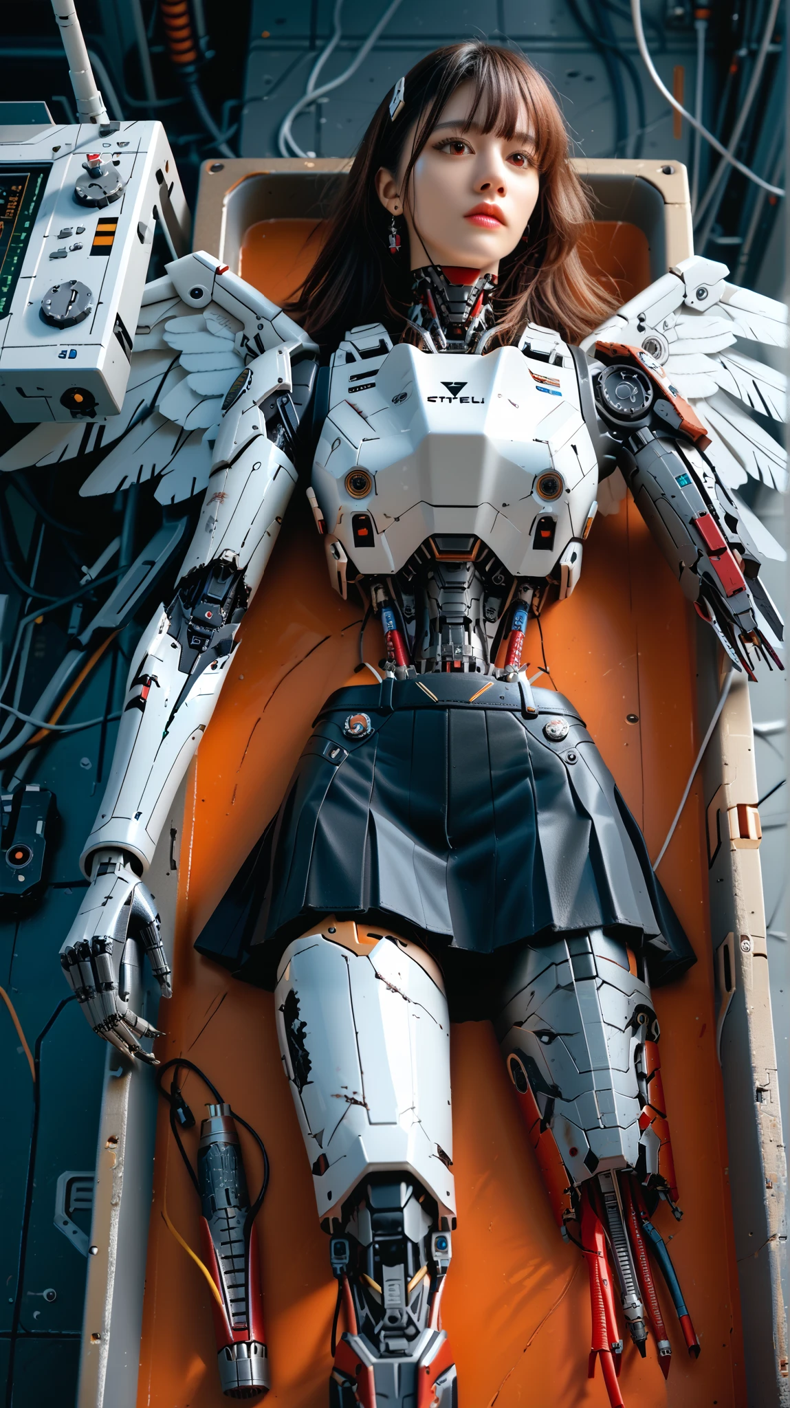 (((masterpiece))), (realism, realism texture, (science fiction, distant future), (top Quality, High Quality, top resolution, high resolution, (ultra detailed, high detailed))), (beautiful robot woman, woman is incredible machine:1.2), (beautiful face), (thin lips, wide mouth), red-lighting eyes, (robot white armor:1.3), machine frame, skirt, (steel knee-high greaves, (mechanical hands)), robot joint, (robot neck joint:1.2), (electronic component, damaged machine parts, big winged jet engine wing, broken neck, (severed leg), broken arms, cracked belly:1.3), Expressionless face, (cowboy shot:1.3), laboratory, (closed mouth), (lying, from above), random pose