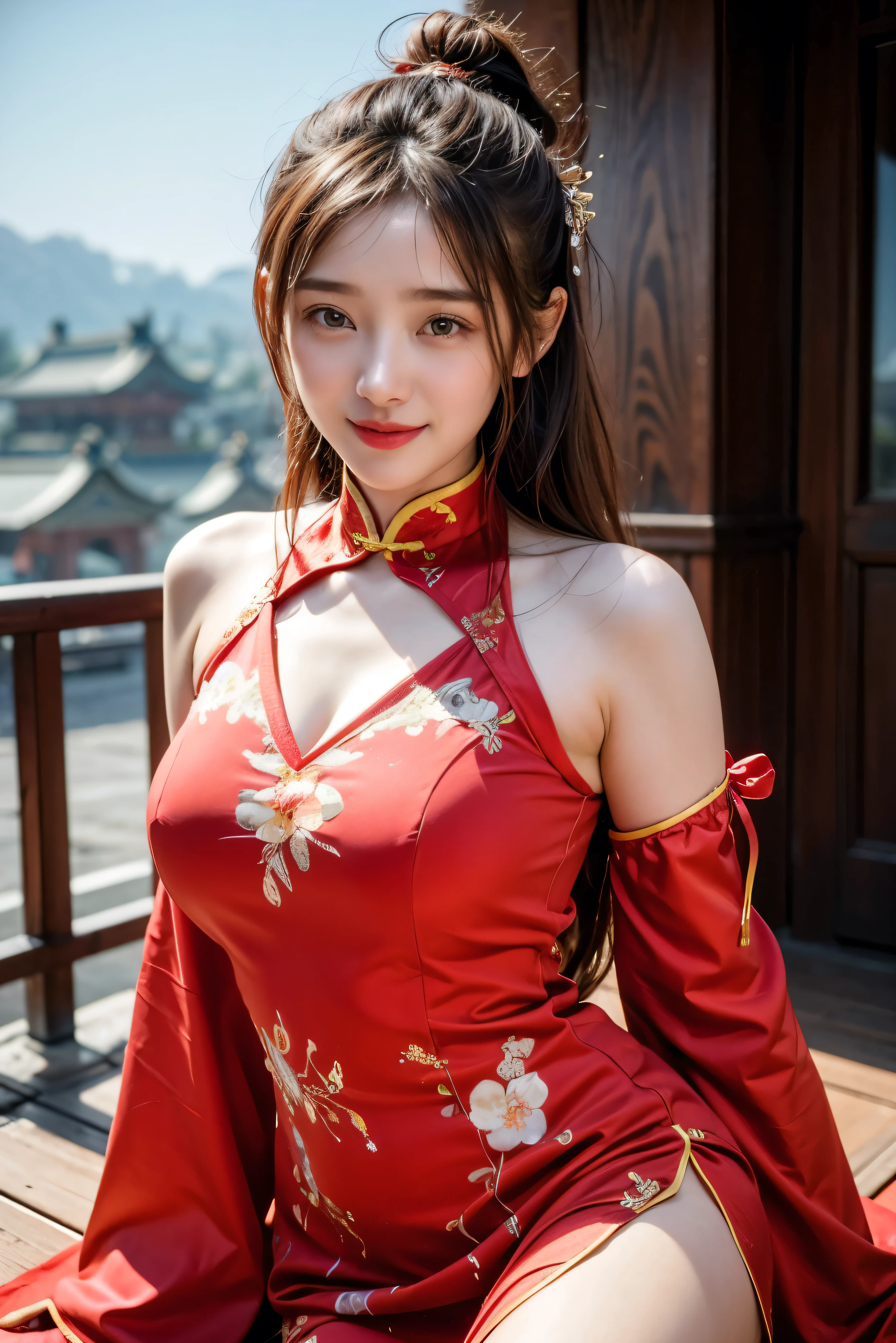 Fair skin,8k,Ultra-high resolution,Super detailed,Highest quality,Look at the viewers、Perfect lighting,flat light,super high quality,Ultra-high resolution,masterpiece,Realistic,Detailed face,Perfect Anatomy,Slender body、Young face、smile、Sweating、Flushed Cheeks、chinese shrine、Clear winter weather、((chinese garment))、((Tight Chinese red dress))、Nice and cute, An innocent smile, , A lovely smile, (A big bust that seems to burst:1.20),(Beautiful Big 1:1)、Beautiful Eyes、Please show me your whole body、Beautiful legs visible from the slit
