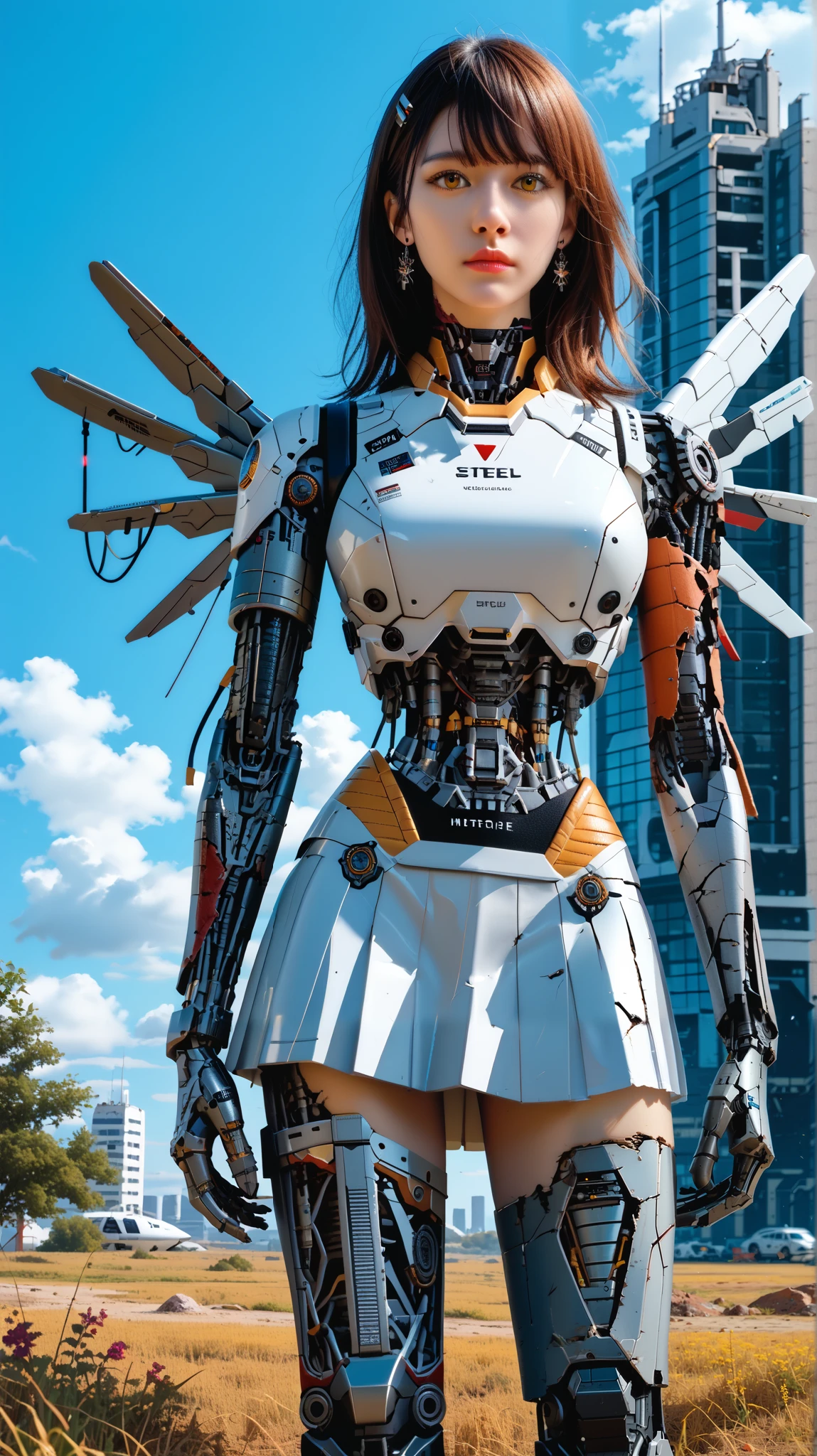 (((masterpiece))), (realism, realism texture, (science fiction, distant future), (top Quality, High Quality, top resolution, high resolution, (ultra detailed, high detailed))), (beautiful robot woman, woman is incredible machine:1.2), (beautiful face), (thin lips, wide mouth), yellow eyes, (robot white armor:1.3), machine frame, skirt, (steel knee-high greaves, (mechanical hands)), robot joint, (robot neck joint:1.2), (electronic component, machine parts, big winged jet engine wing, broken neck, broken leg, cracked belly, damaged machine parts:1.3), (severed arms:1.6), Expressionless face, (cowboy shot:1.3), walk the abandoned battefield, (closed mouth)