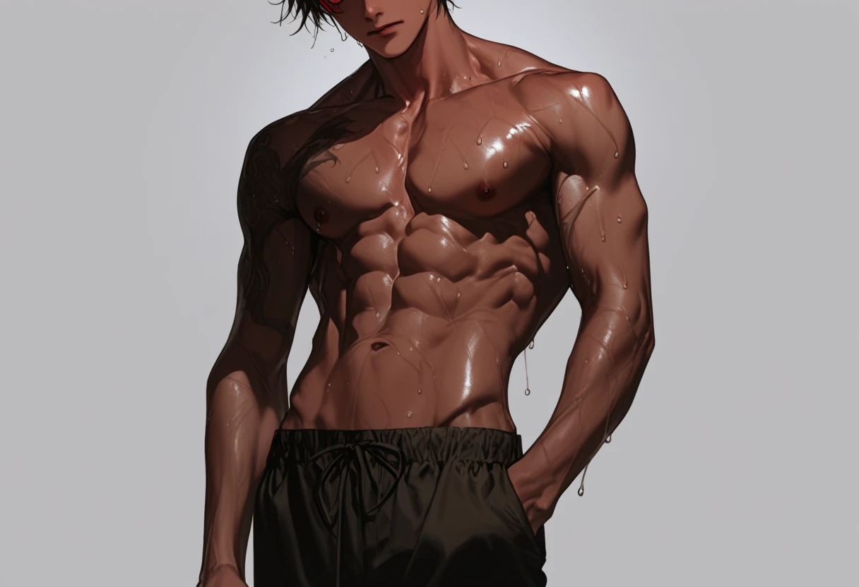 best quality, masterpiece, (realistic: 1.2), 1 man, Eren Jaeger, real life, live action, black jeans, black pants, brown hair, attack on Titan, long hair, abs, muscles, shirtless, sunset background, black jacket, fitness, fit body, slim body, high definition, high quality, gigachad