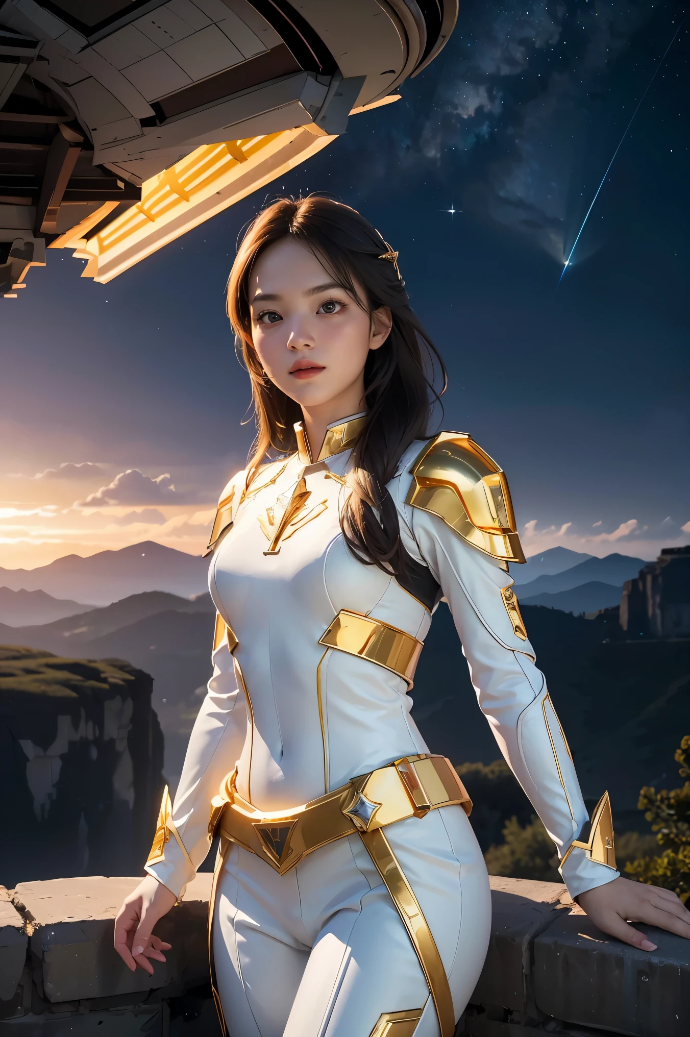 ((masterpiece, best quality, extremely detailed), volumetric lighting, ambient occlusion, colorful, glowing), 1girl, solo, young girl, (dark hair), long hair, halo, aura, sacred, goddess, cleric suit, (white outfit with gold detailst:1.3), armor, outdoors, sunset, sky, clouds, space, (fantasy theme:1.2),ม 1girl, full body, Illustration, cinematic light, high resolution, best quality, ultra-detailed, masterpiece, power suit, powerranger, suit, spd,